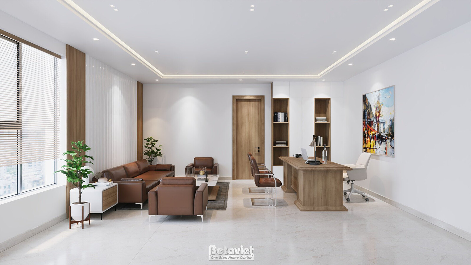 Khu tiếp khách phòng phó giám đốc với sofa da nâu, tủ kệ gỗ trưng bày sách và tranh, cửa gỗ dẫn sang khu làm việc, sàn đá…