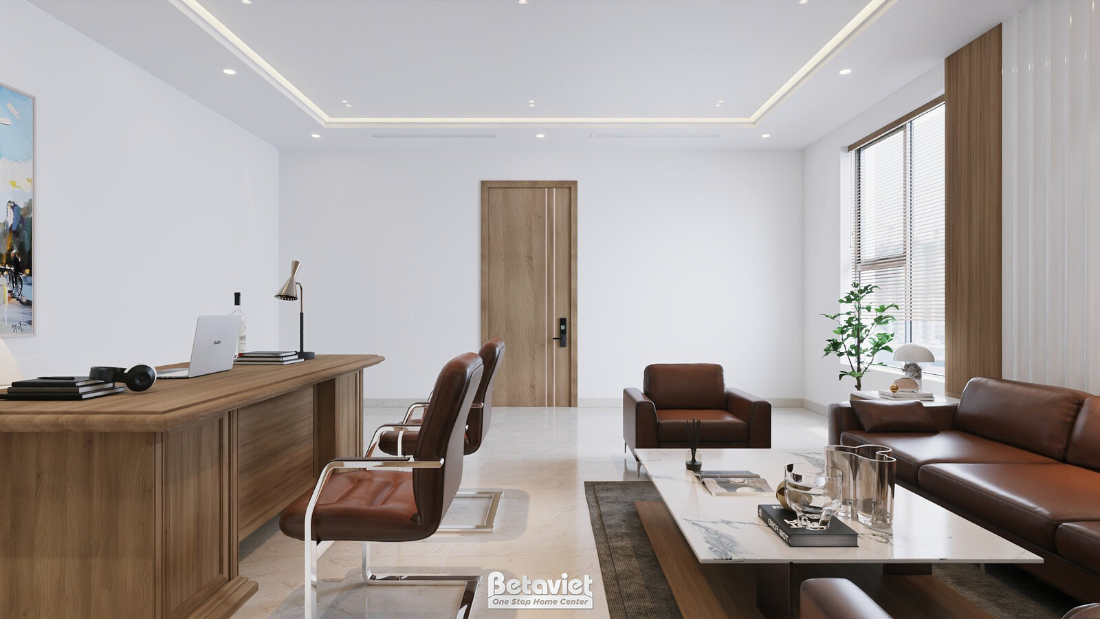 Khu tiếp khách phòng phó giám đốc với bàn làm việc gỗ góc phòng, sofa da nâu đối diện, cửa gỗ dẫn sang phòng nghỉ, sàn đá…