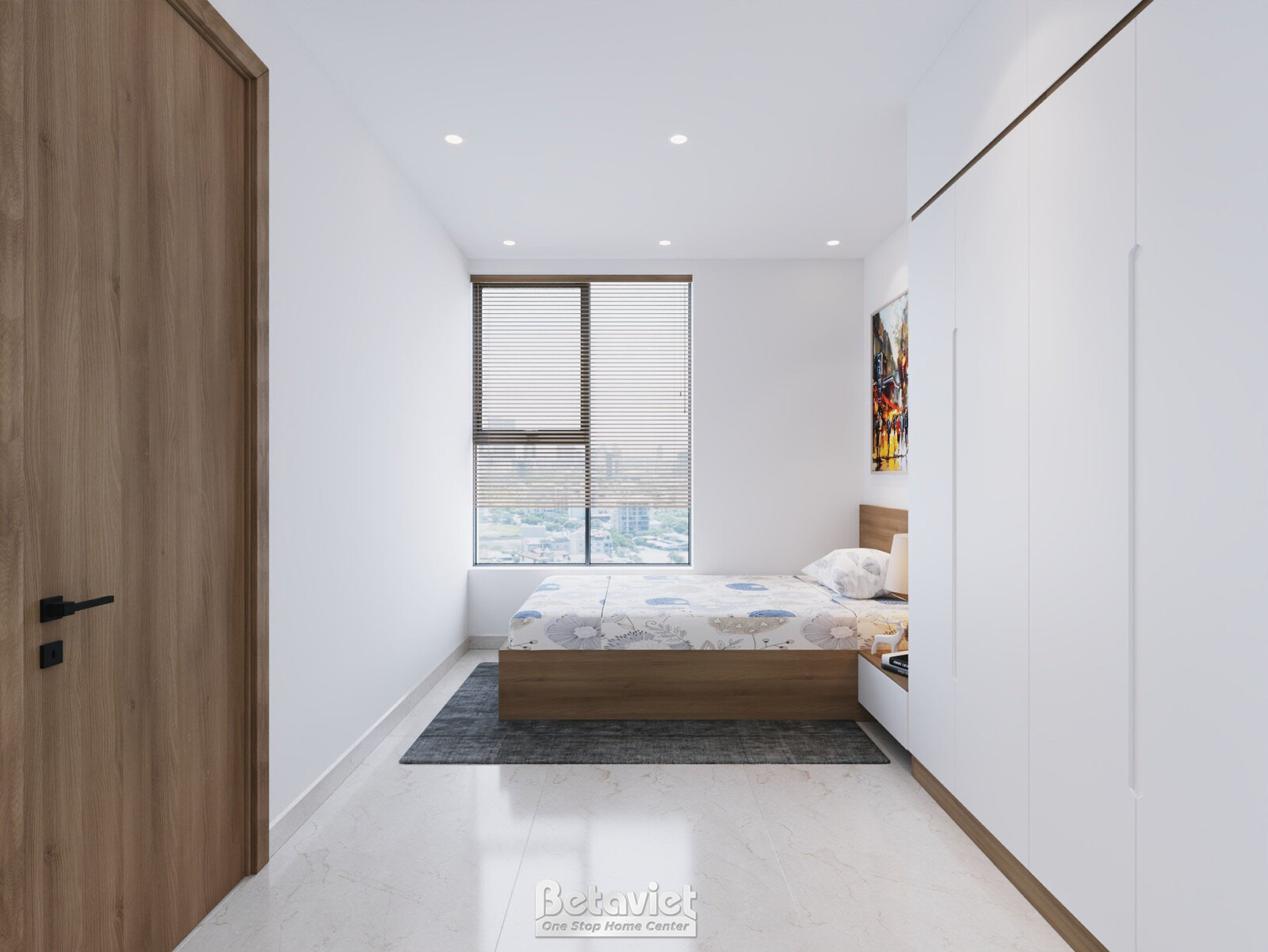 Phòng nghỉ phó giám đốc với giường đơn gỗ nâu kê sát cửa sổ view thành phố, tủ áo âm tường phía đối diện, tranh treo tường…