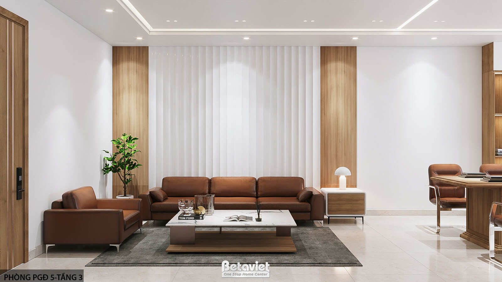Khu tiếp khách phòng phó giám đốc với sofa da nâu cam, cây xanh trang trí góc phòng, vách ốp gỗ nan đứng phân vùng, ánh sá…