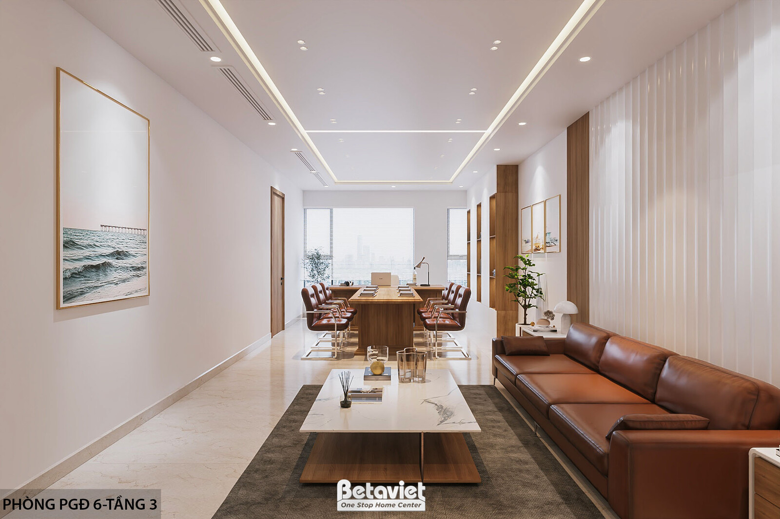 Hành lang khu phòng phó giám đốc nhìn dọc, bàn họp gỗ và sofa da nâu phía xa, vách ốp gỗ nan đứng hai bên, sàn đá sáng, bố…
