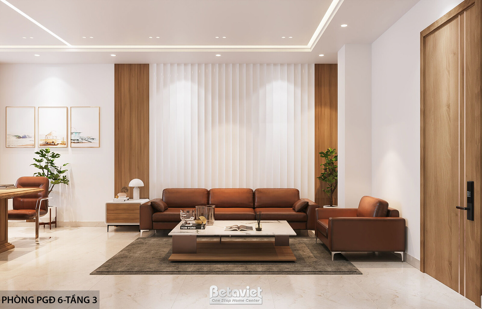 Khu tiếp khách phòng phó giám đốc nhìn từ góc khác, sofa da nâu cam, kệ tranh treo tường, cửa sổ dọc lấy sáng tự nhiên, sà…