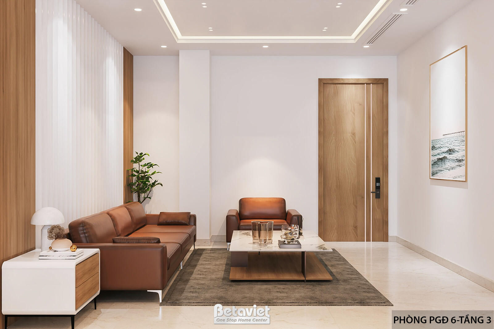 Khu tiếp khách phòng phó giám đốc với sofa da nâu cam bố trí quanh bàn trà mặt đá, tủ gỗ thấp bên cạnh, tranh treo tường…