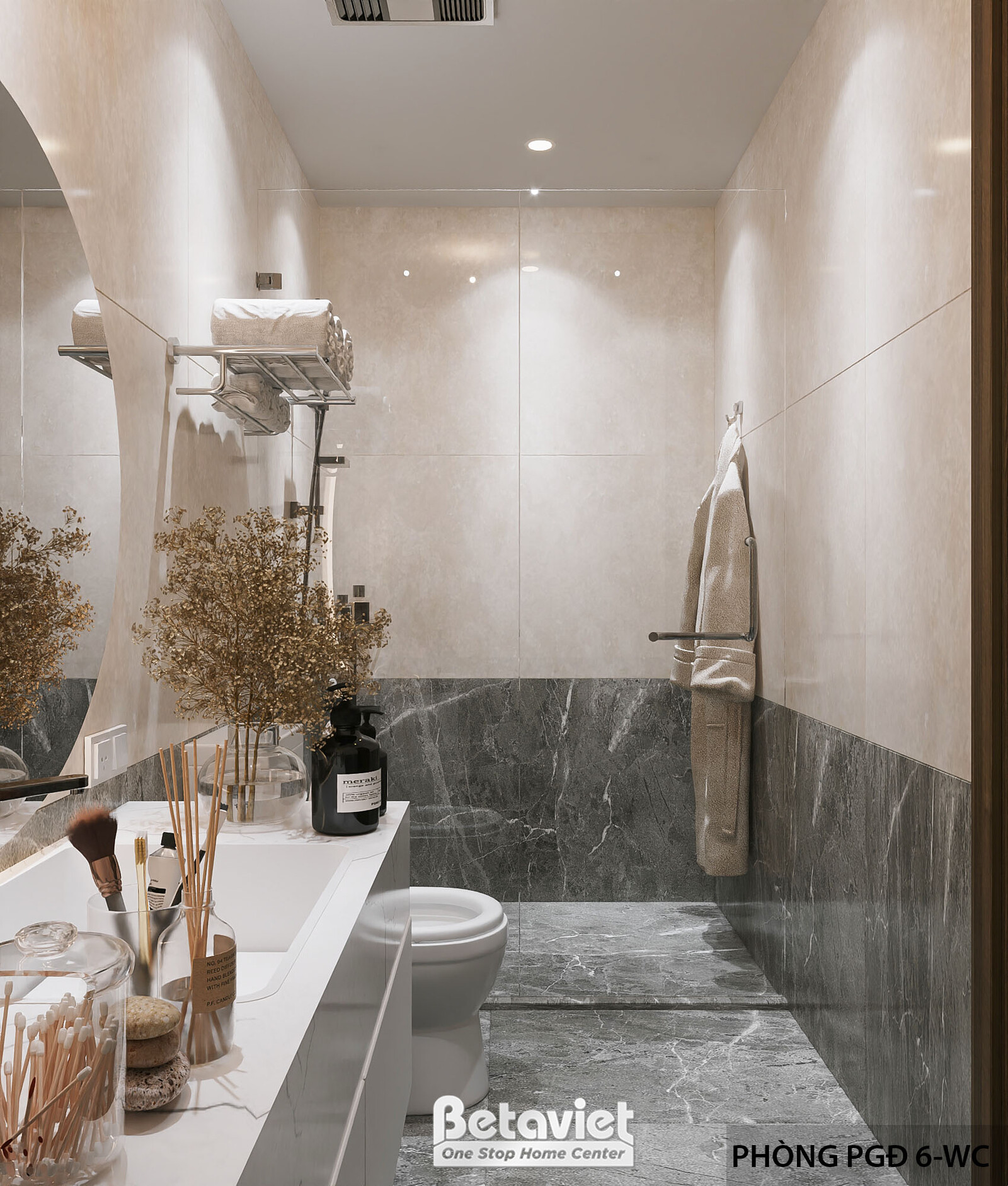 Phòng vệ sinh phó giám đốc với bồn tắm nằm ốp đá xám đậm, kệ để đồ dùng cá nhân, vách kính ngăn khu ướt, thiết kế gọn nhẹ…