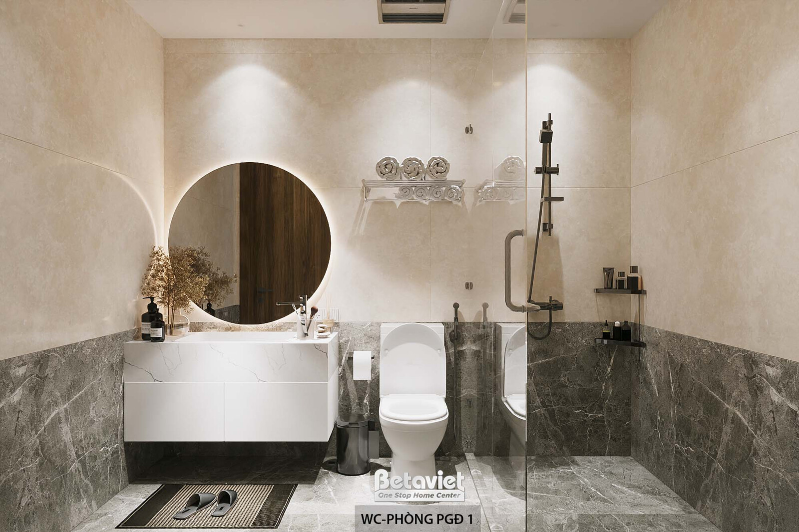 Phòng vệ sinh phó giám đốc với gương tròn viền gỗ, bồn rửa mặt đá trắng, vách đá xám đậm ốp nửa tường, khu tắm đứng kính c…