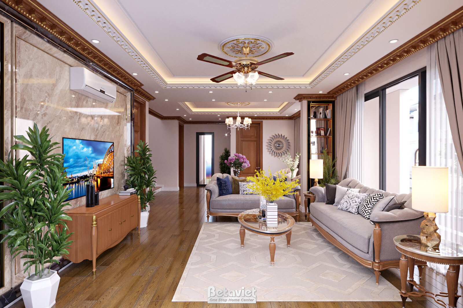 Nội thất phòng sinh hoạt chung biệt thự tân cổ điển NT21079 – góc nhìn 3