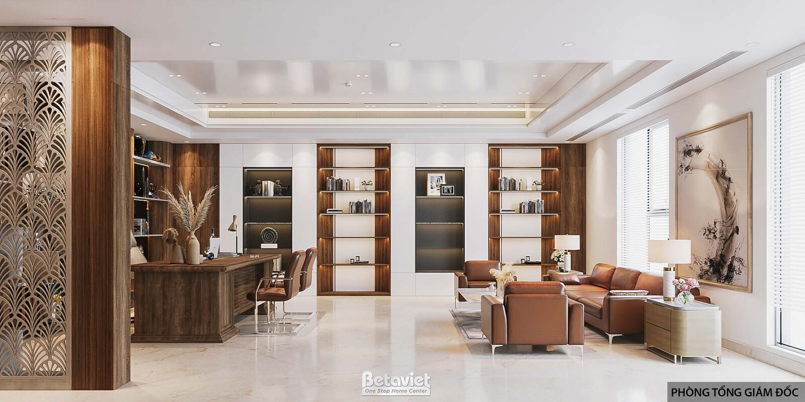 Phòng Tổng Giám đốc với vách ngăn gỗ chạm lam hình học phong cách Indochine phân chia khu làm việc và khu tiếp khách, sofa…