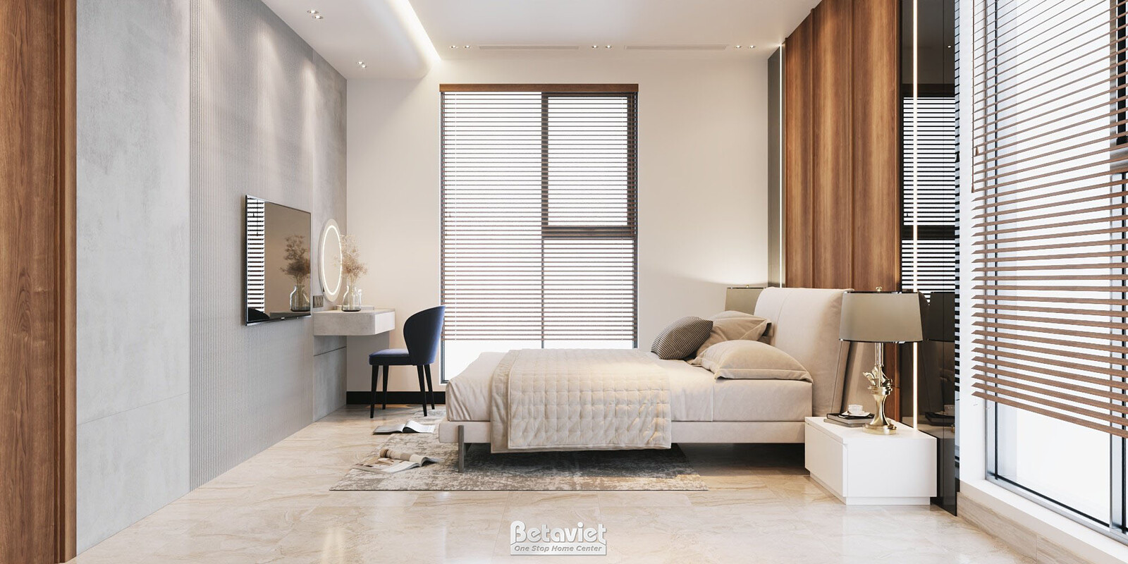 Phòng nghỉ trong suite Tổng Giám đốc, giường đôi nệm trắng, bàn trang điểm gỗ kèm gương và tivi treo tường, rèm lá dọc che…