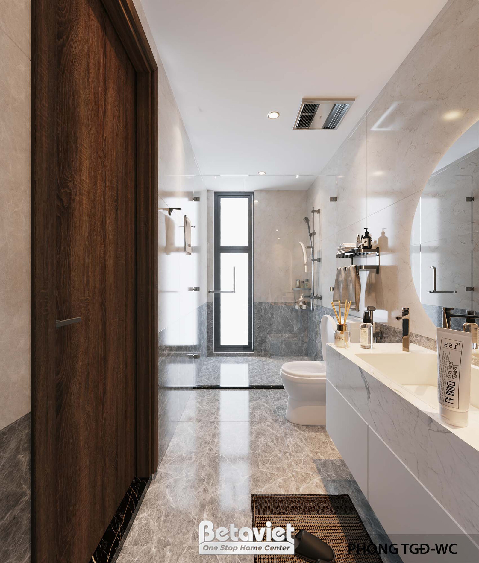 Phòng vệ sinh suite Tổng Giám đốc với vách cong ốp đá marble mềm mại, bồn rửa dài mặt đá trắng, khu vệ sinh và tắm đứng ph…
