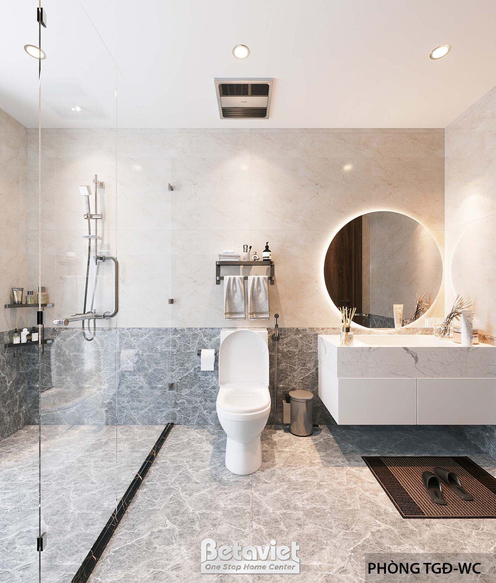 Phòng tắm suite Tổng Giám đốc với vách kính cường lực ngăn khu tắm đứng, gương tròn viền đèn LED, bồn rửa mặt đá trắng, sà…