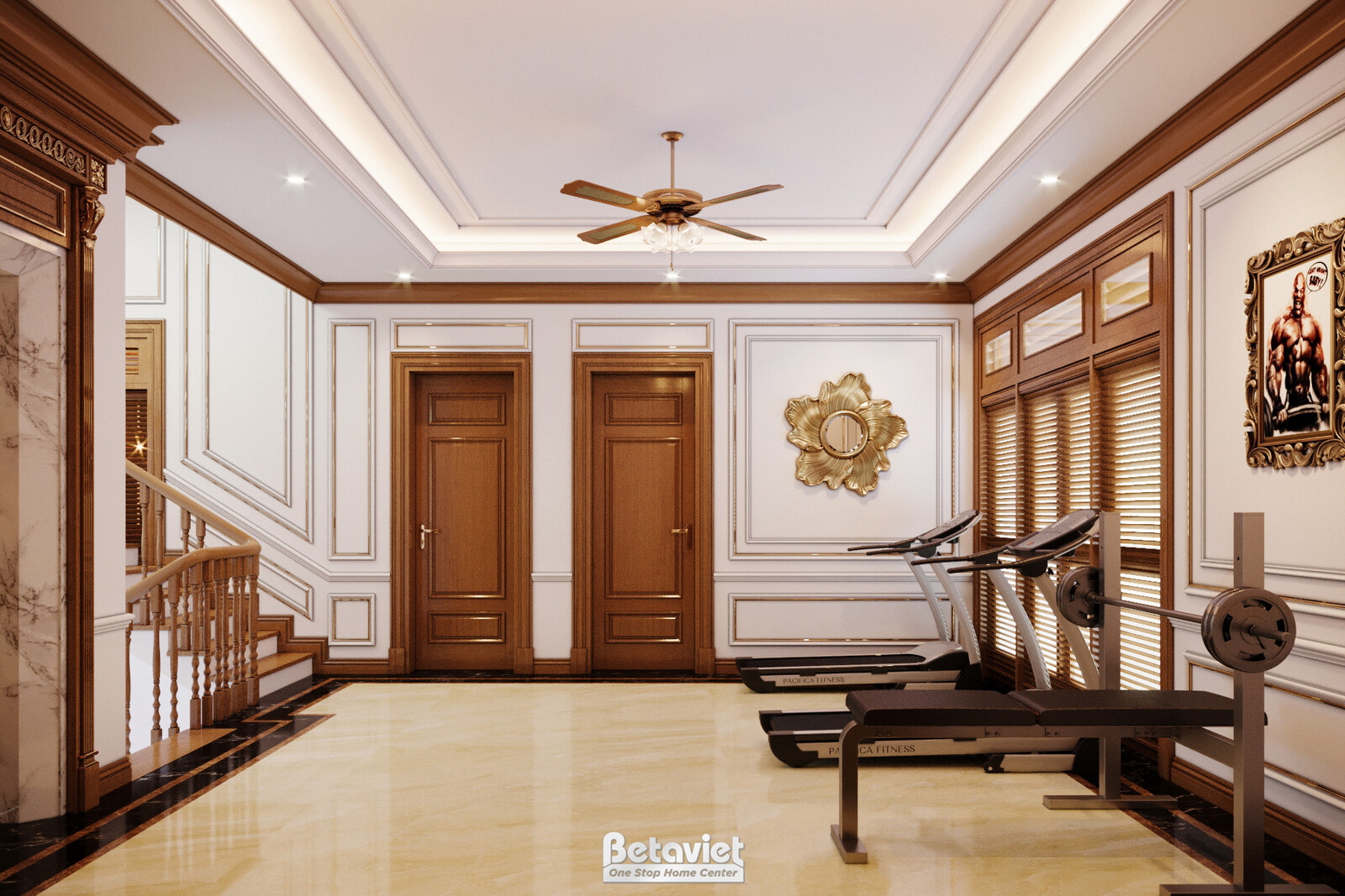 Nội thất phòng tập gym biệt thự tân cổ điển NT20034 – góc nhìn tổng thể