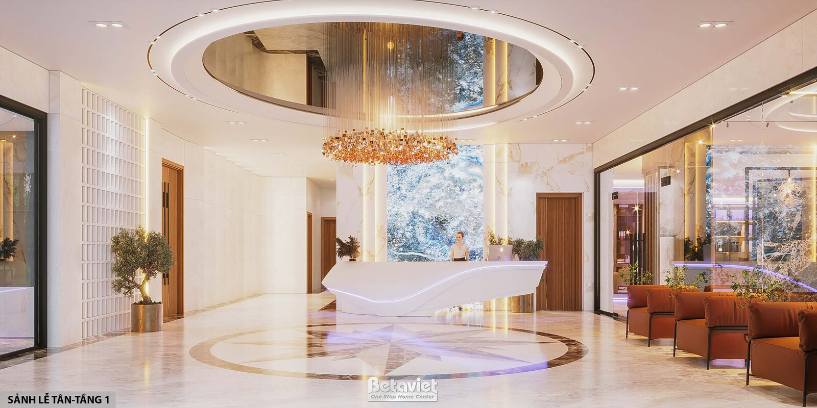 Quầy lễ tân trắng bo cong đặt cạnh vách đá marble vân xanh xám lớn, ghế bành da cam bố trí hàng dài phía sảnh chờ, sàn đá…