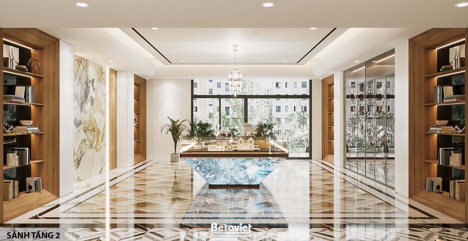 Sảnh tầng 2 với vách đá marble vân xám-trắng lớn một bên, kệ gỗ trưng bày sách bên còn lại, bàn mô hình kiến trúc trung tâ…