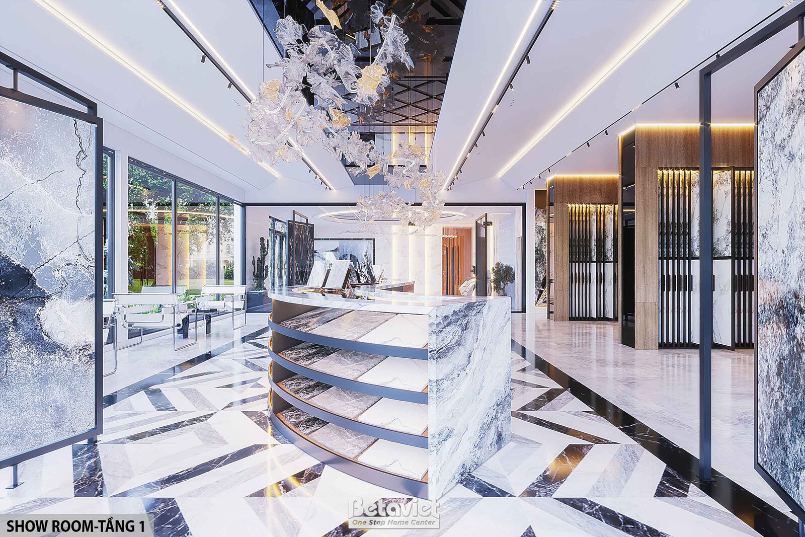 Showroom góc nhìn khác với các tấm đá marble mẫu treo dọc hai bên lối đi, quầy tròn trung tâm ốp đá xanh lam-trắng, trần k…