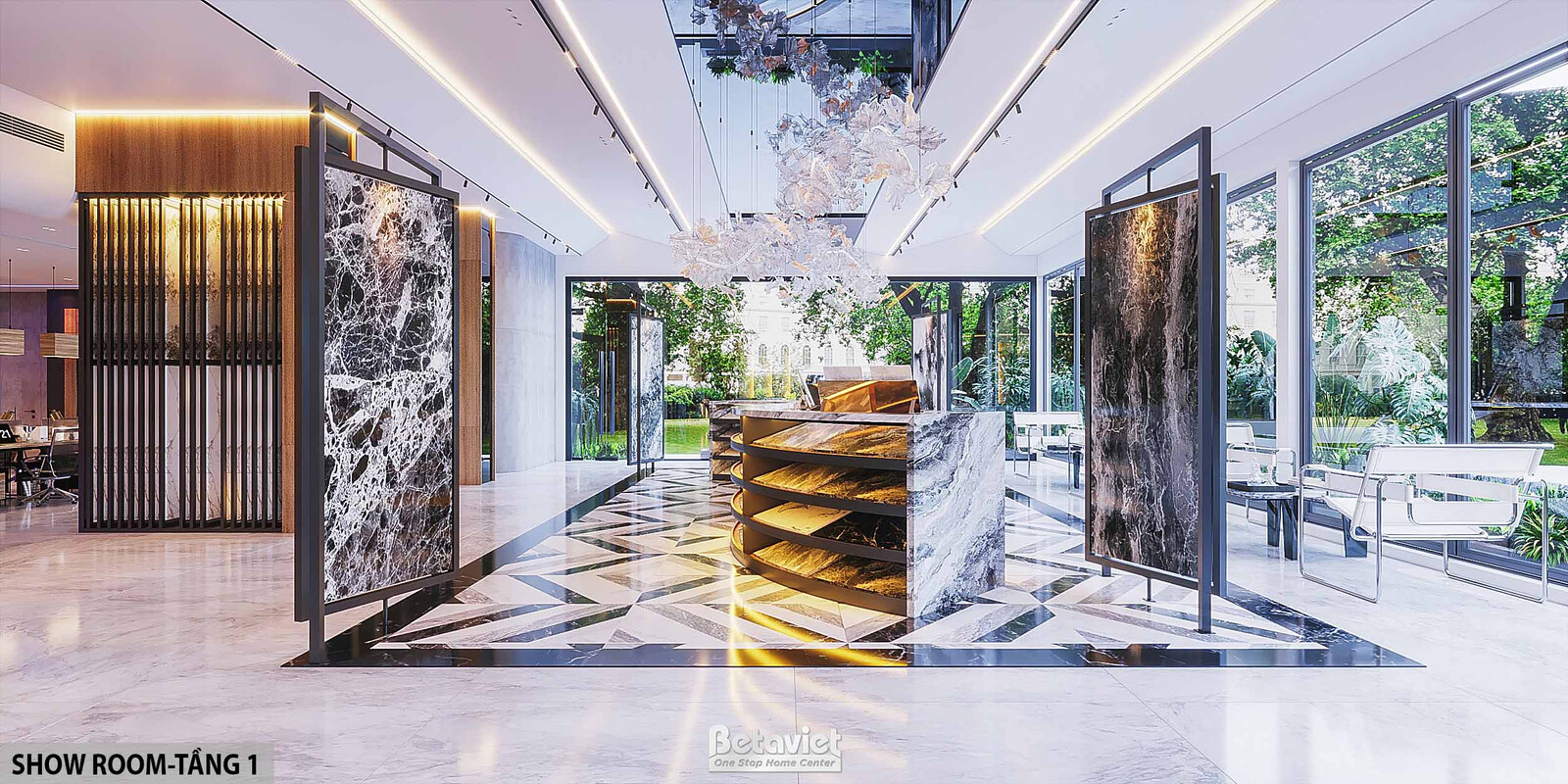 Showroom nhìn thẳng ra cửa kính lớn kết nối sân vườn cây xanh, hai bên vách trưng bày đá marble đen-trắng dạng tấm lớn tre…