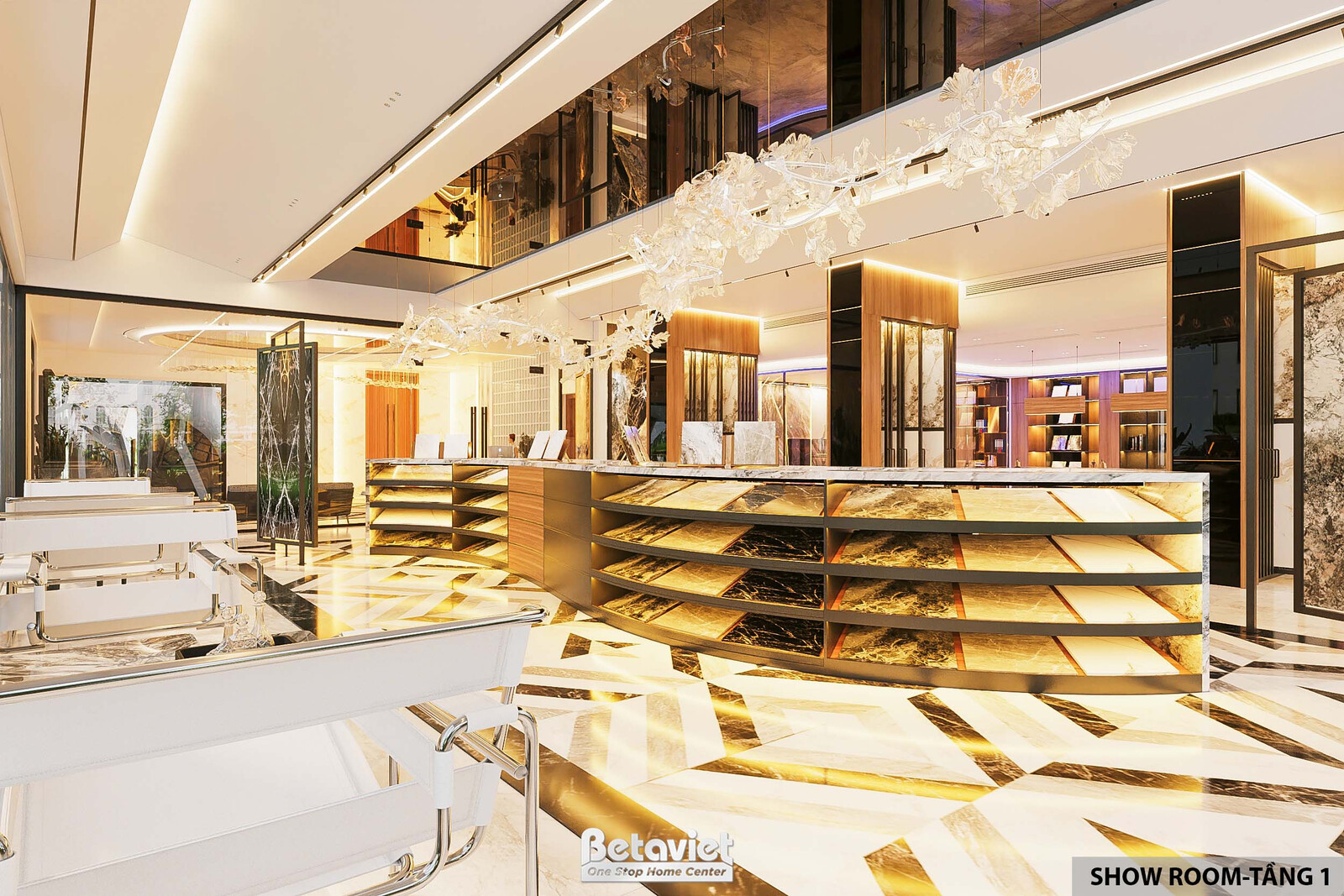 Showroom tầng 1, góc nhìn từ khu trưng bày vào quầy lễ tân cong dạng lượn sóng ốp gỗ vân nâu kết hợp đá marble đen vân trắ…