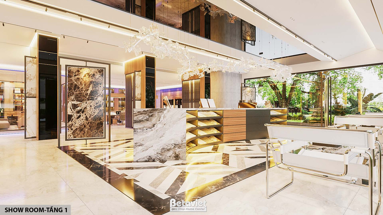 Showroom tầng 1 nhìn cận quầy trưng bày, mặt bàn đá marble nâu vân kem đặt nghiêng làm điểm nhấn, kệ gỗ trưng bày sản phẩm…
