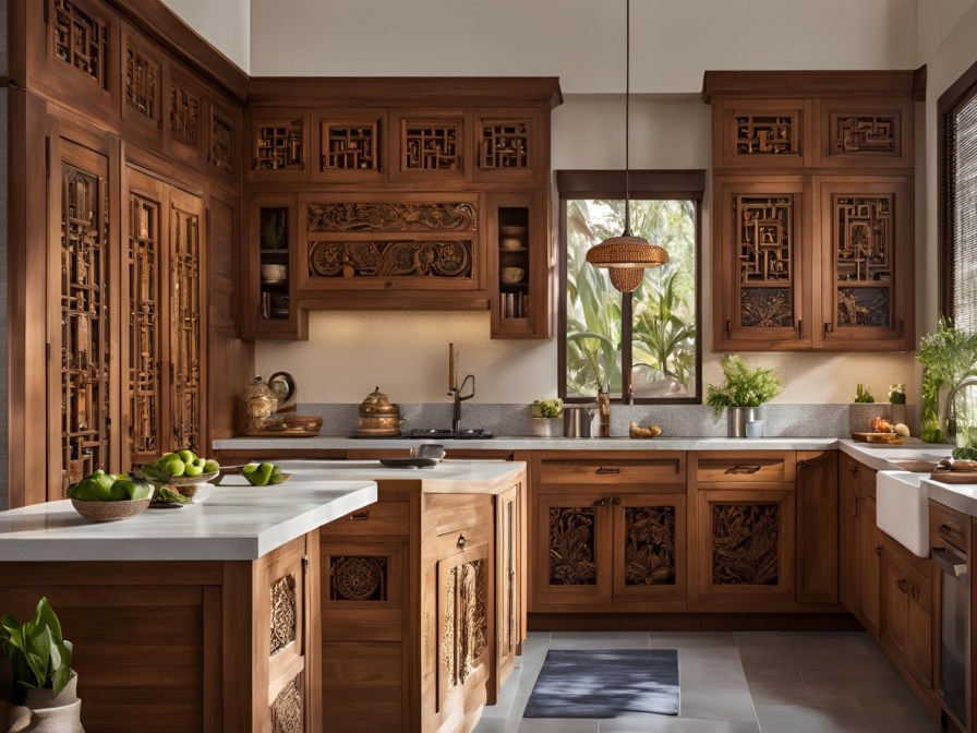 Phối cảnh bếp Indochine, tủ gỗ nâu chạm hoa văn ô vuông, đảo bếp gỗ và mặt đá sáng