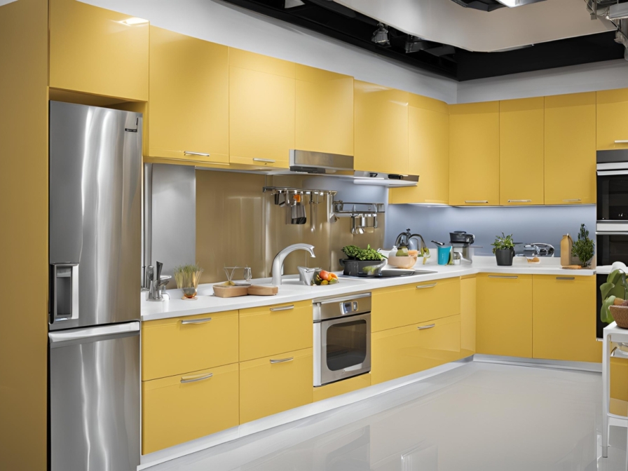 Phối cảnh bếp chữ L cánh bóng màu vàng, tủ lạnh inox bên trái