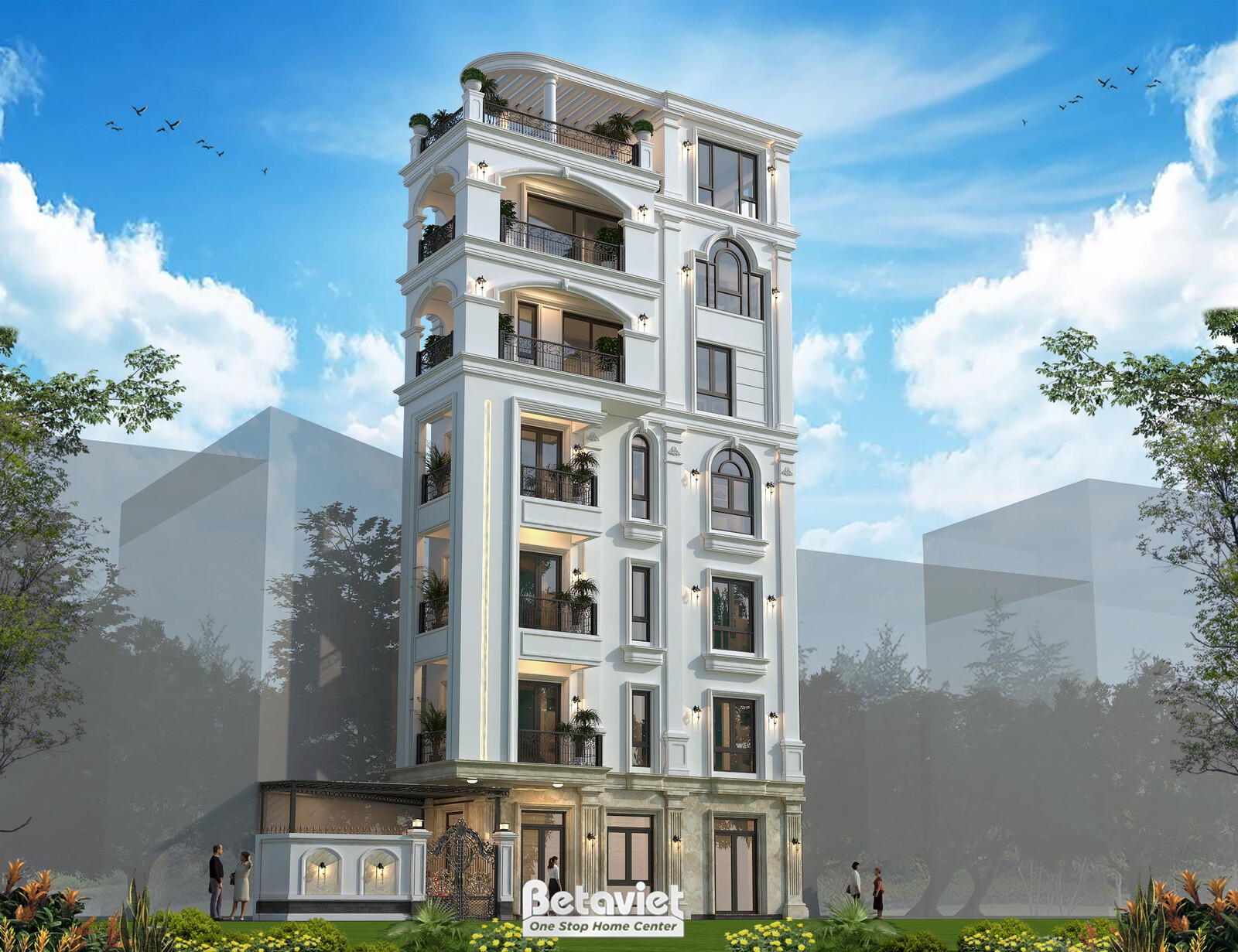 Phối cảnh cận hơn cho thấy rõ các tầng ban công với lan can sắt uốn, cửa sổ vòm cong tầng trên cùng, mái đón sảnh kính phí…