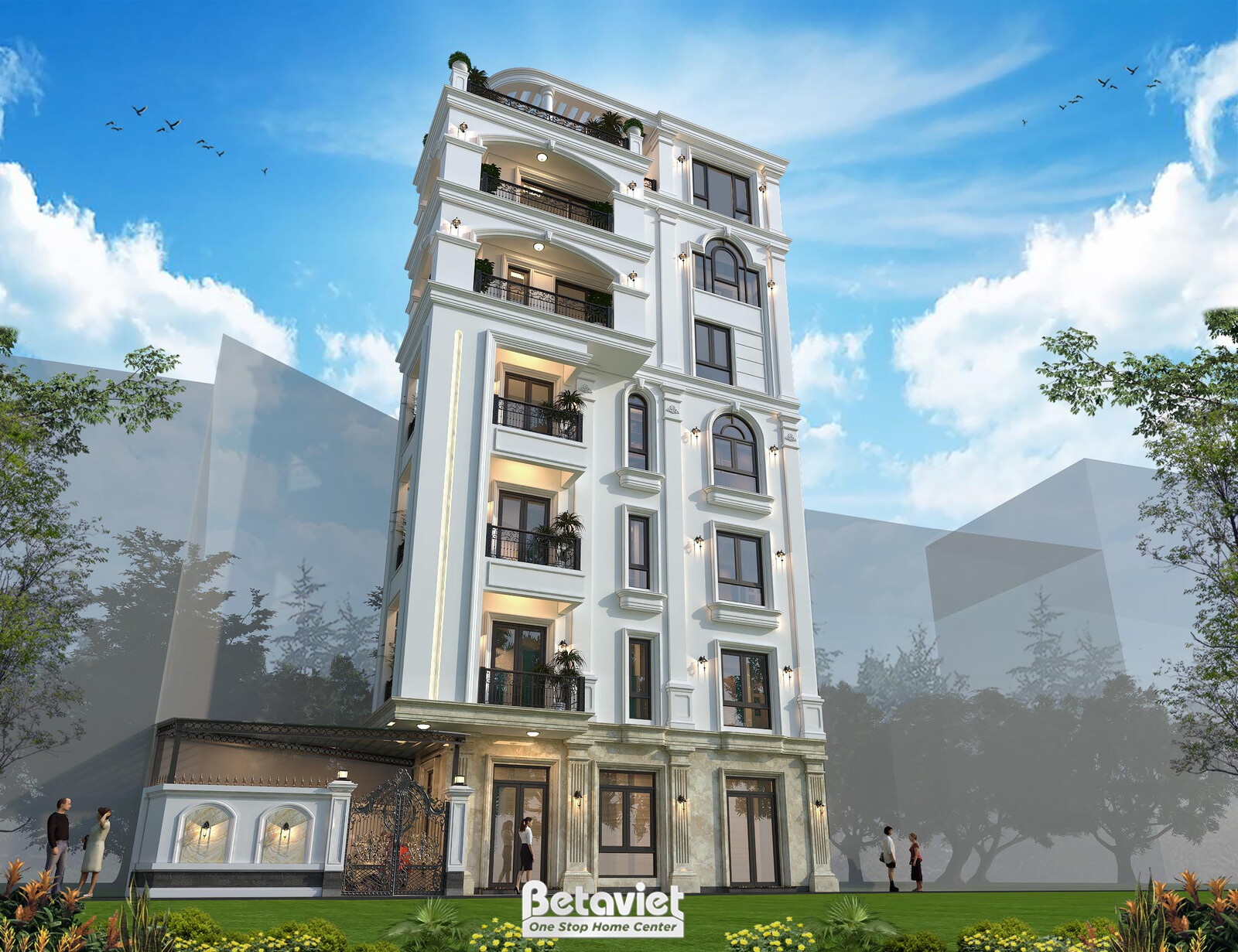 Góc chụp xiên từ dưới lên nhấn mạnh chiều cao công trình, khối tháp góc bo nhẹ, sân thượng có mái che di động, tường sơn t…