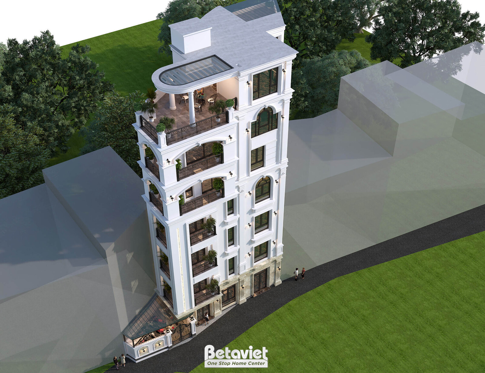 Góc chụp trên cao cận hơn cho thấy lối đi lát đá dẫn vào sảnh chính, cây xanh và thảm cỏ bao quanh, mái kính sân thượng và…