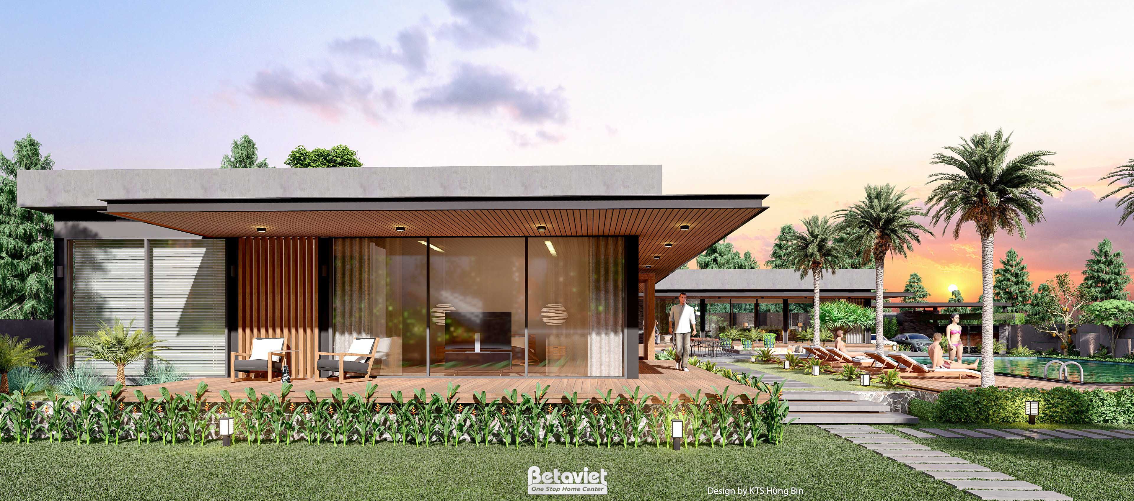 Biệt thự Tropical Modern 1 tầng 1500m² tại Hòa Bình KT24592 – phối cảnh mặt tiền hoàng hôn