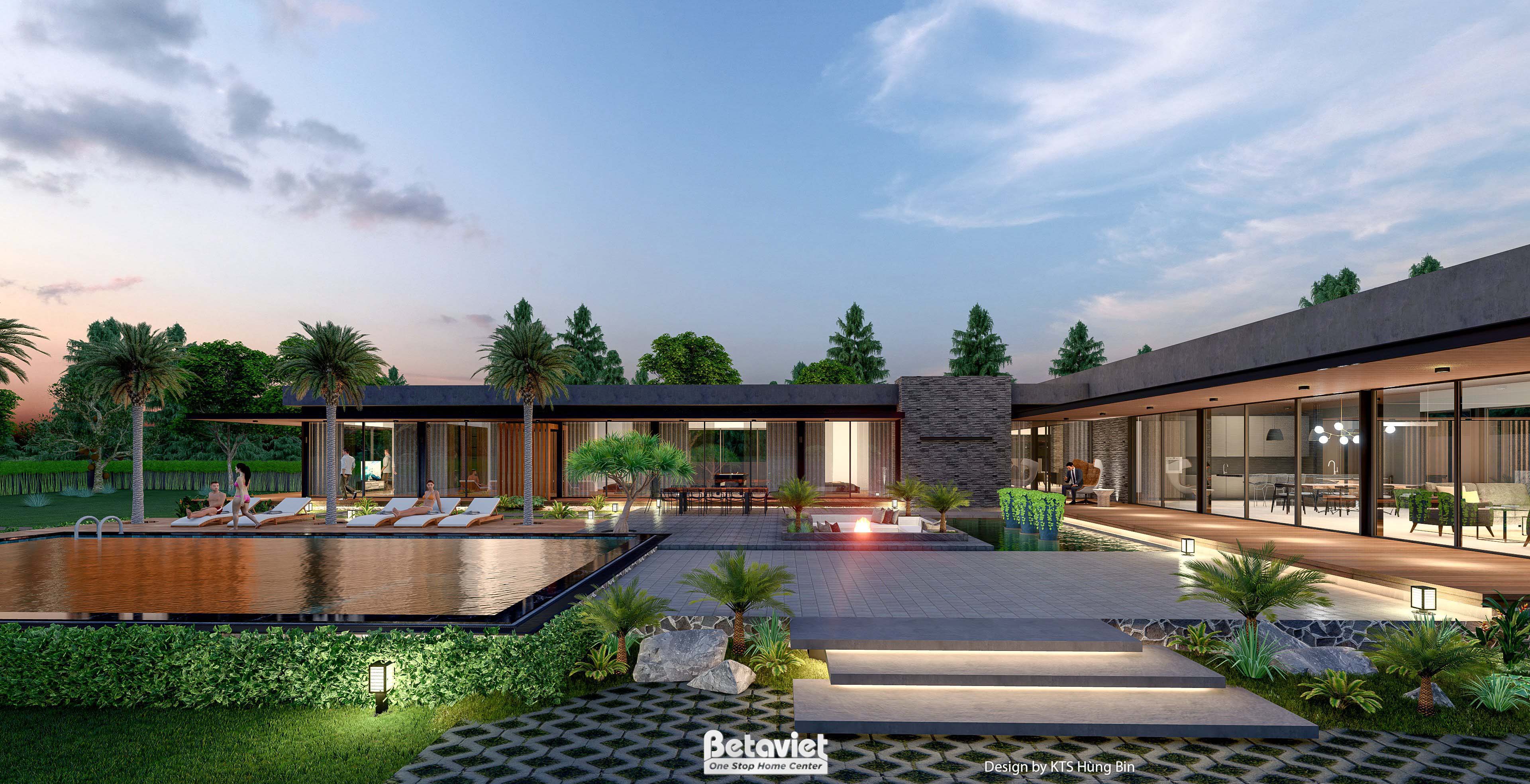 Mẫu thiết kế kiến trúc biệt thự hiện đại Tropical Modern 1 tầng KT24592