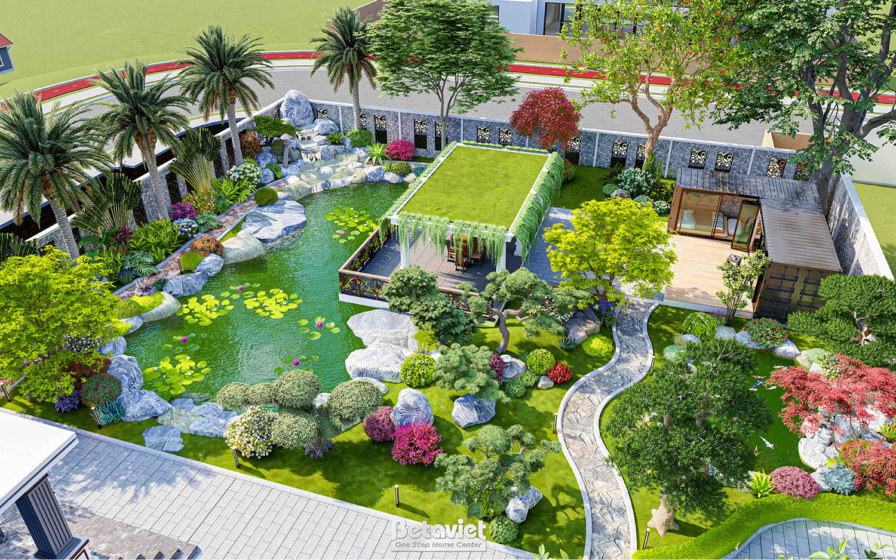 Toàn cảnh sân vườn nhìn từ trên cao với hồ sen hình chữ nhật, thảm cỏ xanh mướt, mái pergola phủ dây leo, lối đi đá uốn lư…