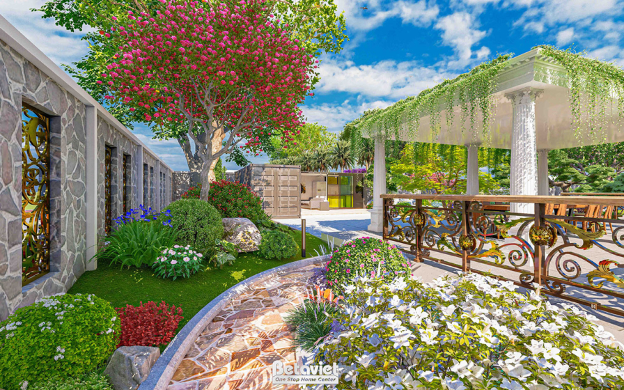 Pergola gỗ giàn dây leo phủ xanh mát, sân cỏ rộng, cây hoa giấy đỏ nở rộ, tường đá ốp tự nhiên chạy dài, bồn hoa trắng - đ…