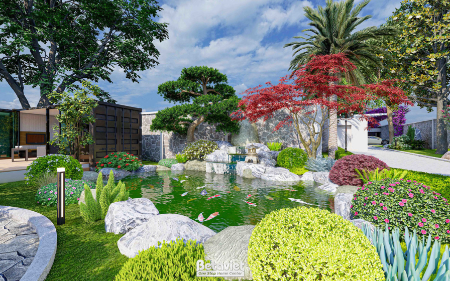 Hồ cá koi nhỏ với đá cảnh tự nhiên xếp lớp, cây phong lá đỏ và cây thông bonsai tạo điểm nhấn, thảm cỏ xanh, đèn sân vườn…