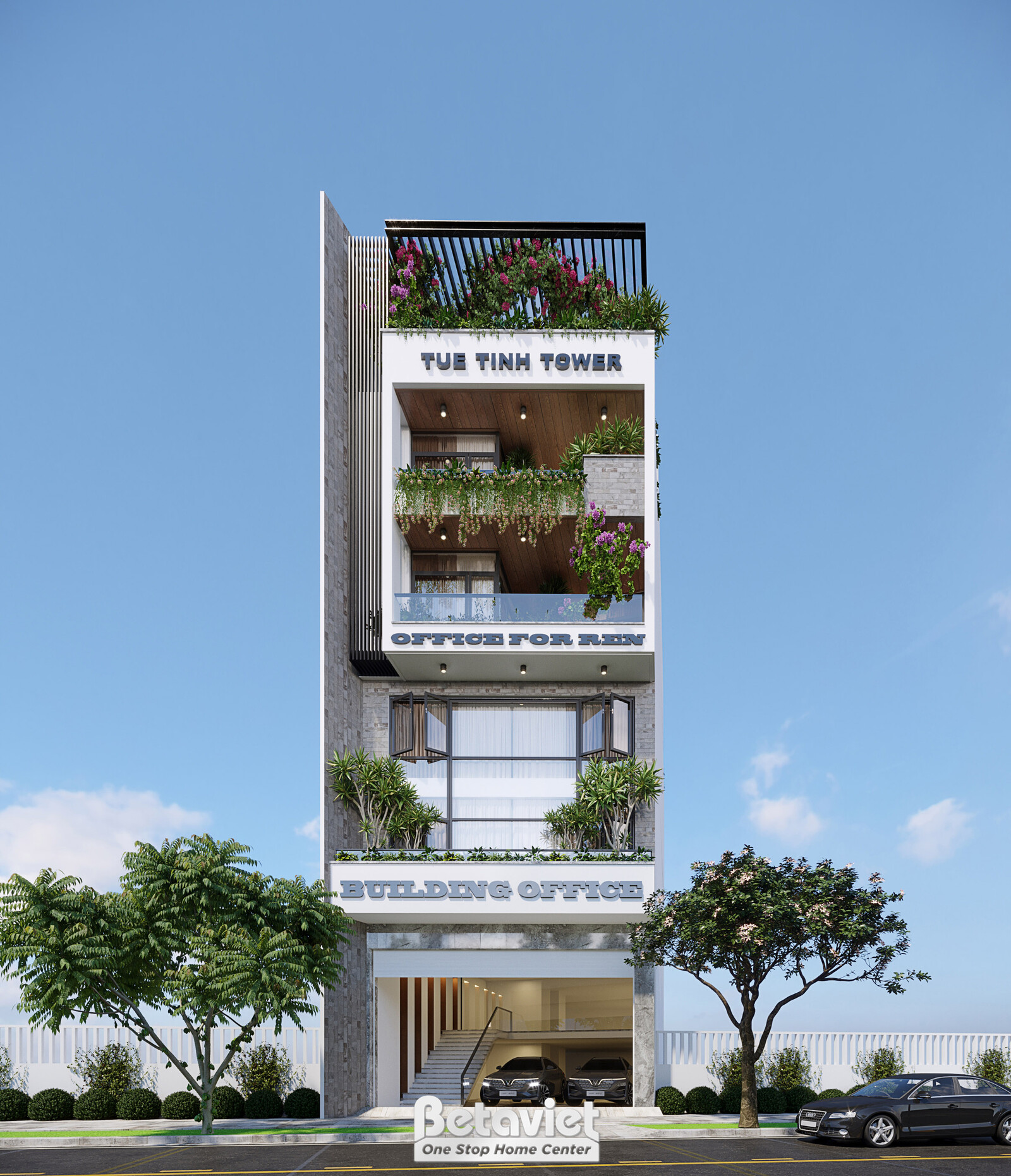 Góc nhìn trực diện mặt tiền tòa nhà văn phòng KT23316, tập trung vào sự tinh tế của thiết kế tối giản. Mặt tiền trắng kết…