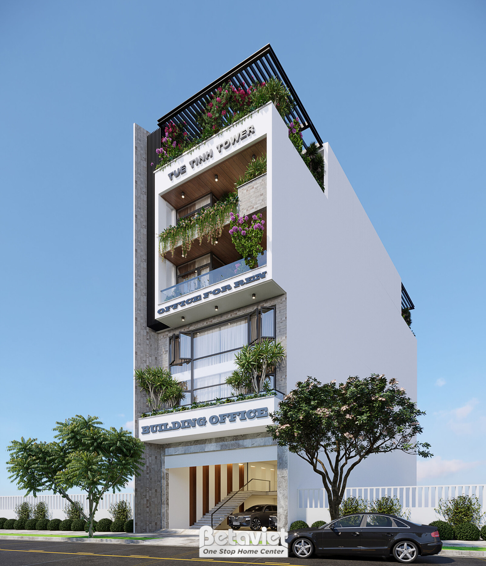 Phối cảnh góc 3/4 của tòa nhà văn phòng 6 tầng "TUE TINH TOWER", làm nổi bật chiều sâu và sự vững chãi của công trình. Mặt…