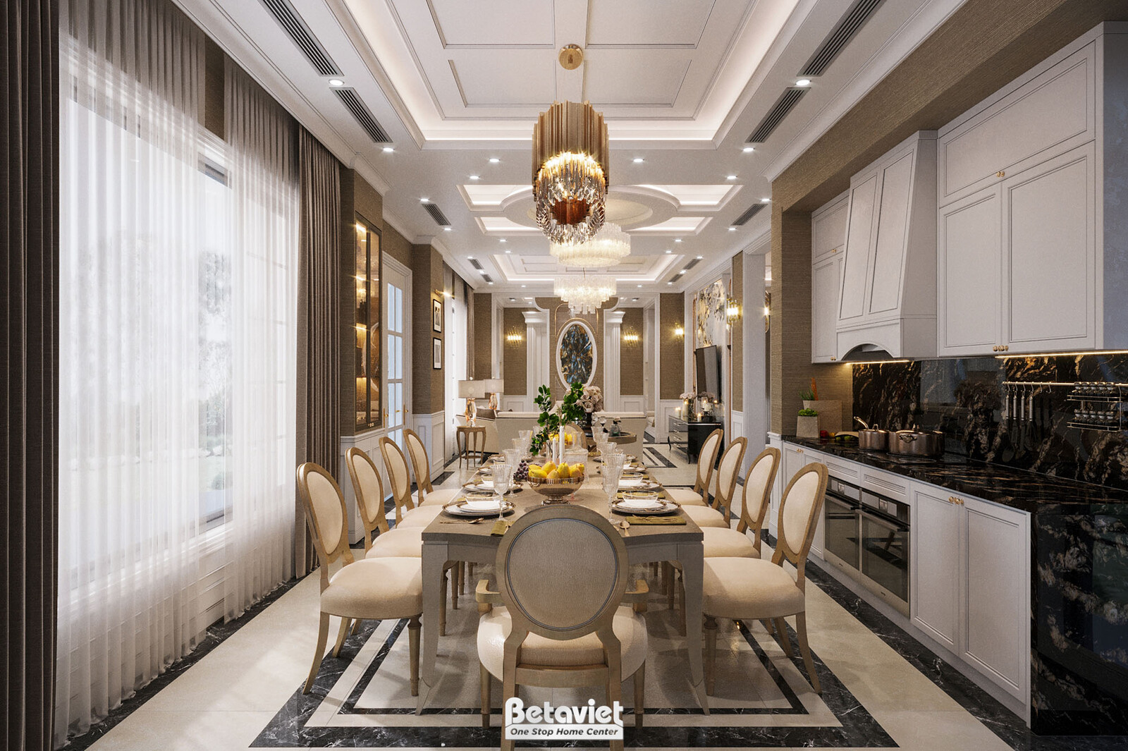 Nội thất phòng ăn biệt thự tân cổ điển NT24705 – góc nhìn tổng thể