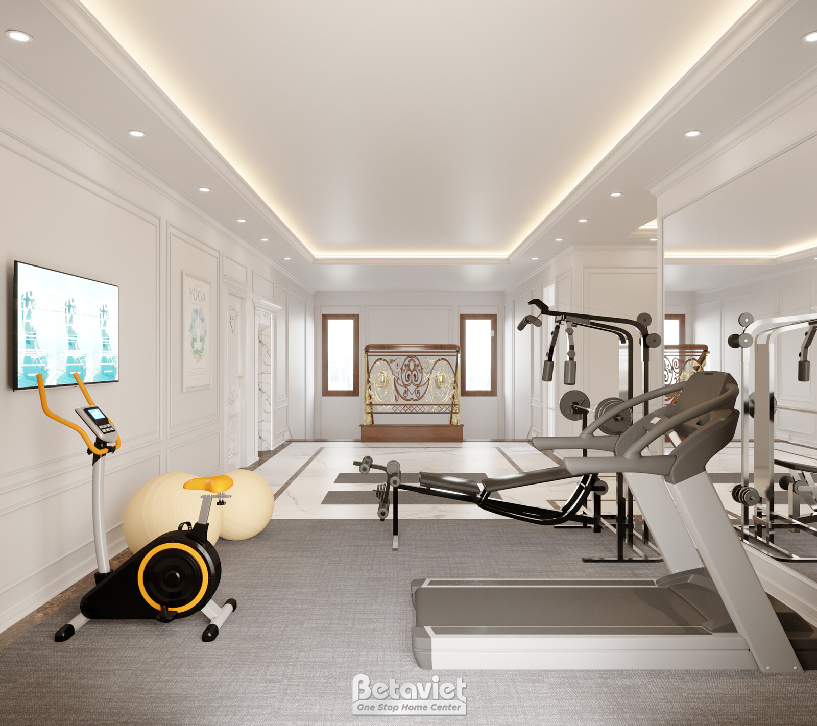 Nội thất phòng tập gym biệt thự tân cổ điển KT21181 – góc nhìn tổng thể