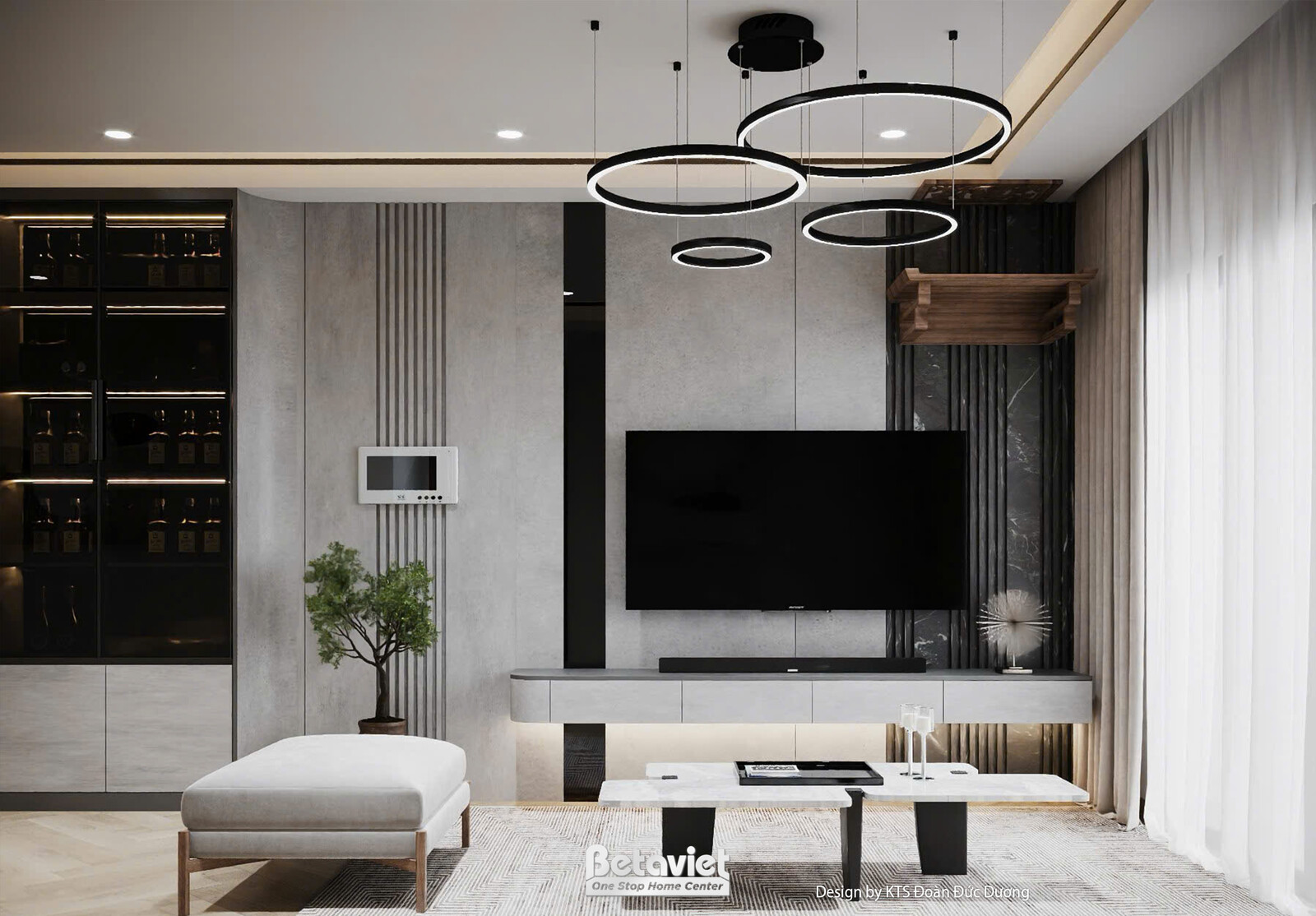 Góc chụp khác của phòng khách với hệ tủ kệ trang trí kết hợp tủ tivi âm tường, đèn LED tròn treo trần nhiều tầng. Sofa và…