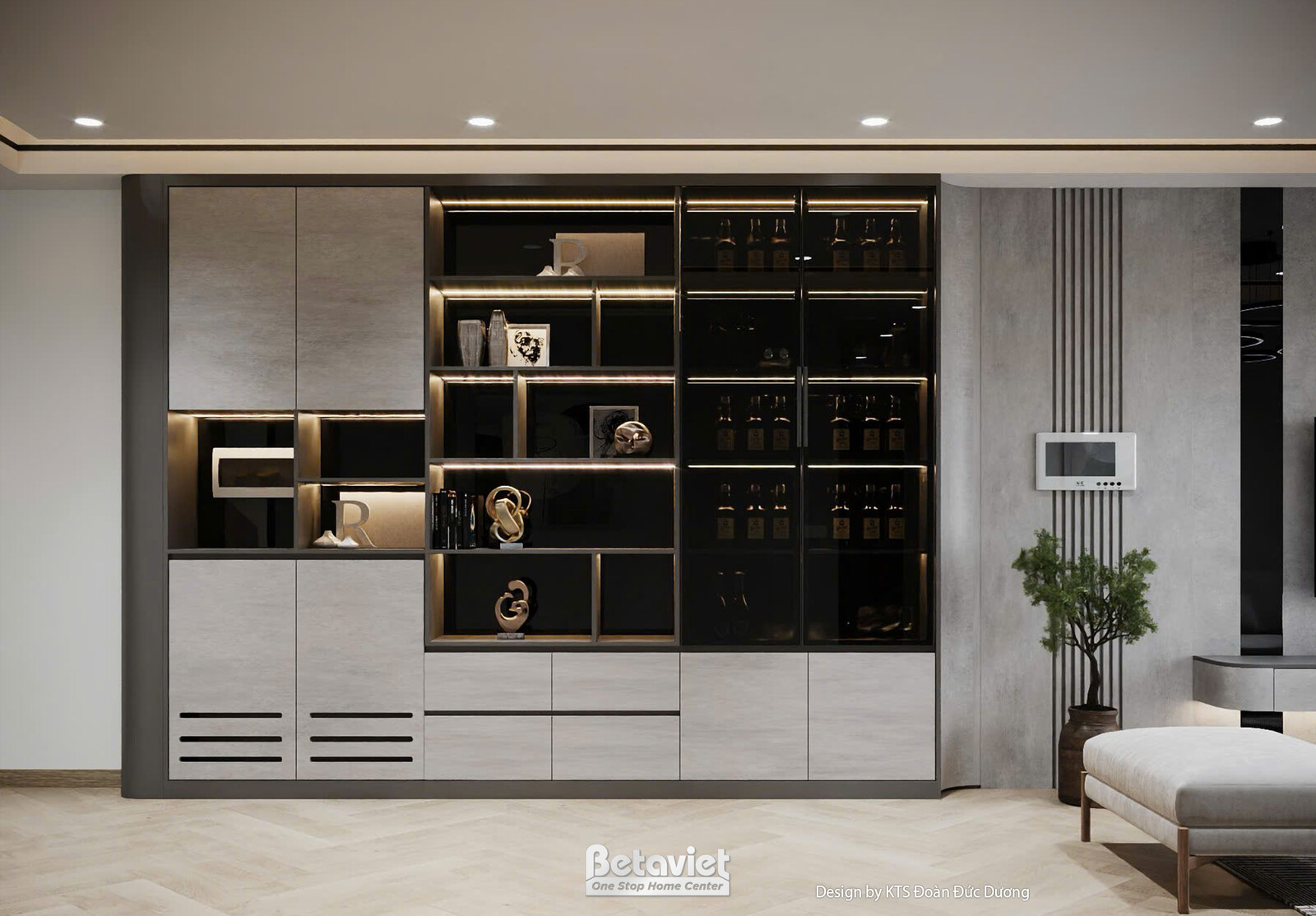 Cận cảnh hệ tủ kệ trang trí âm tường với các ô kệ hở chiếu đèn LED vàng ấm, trưng bày decor và máy pha cà phê. Chất liệu g…
