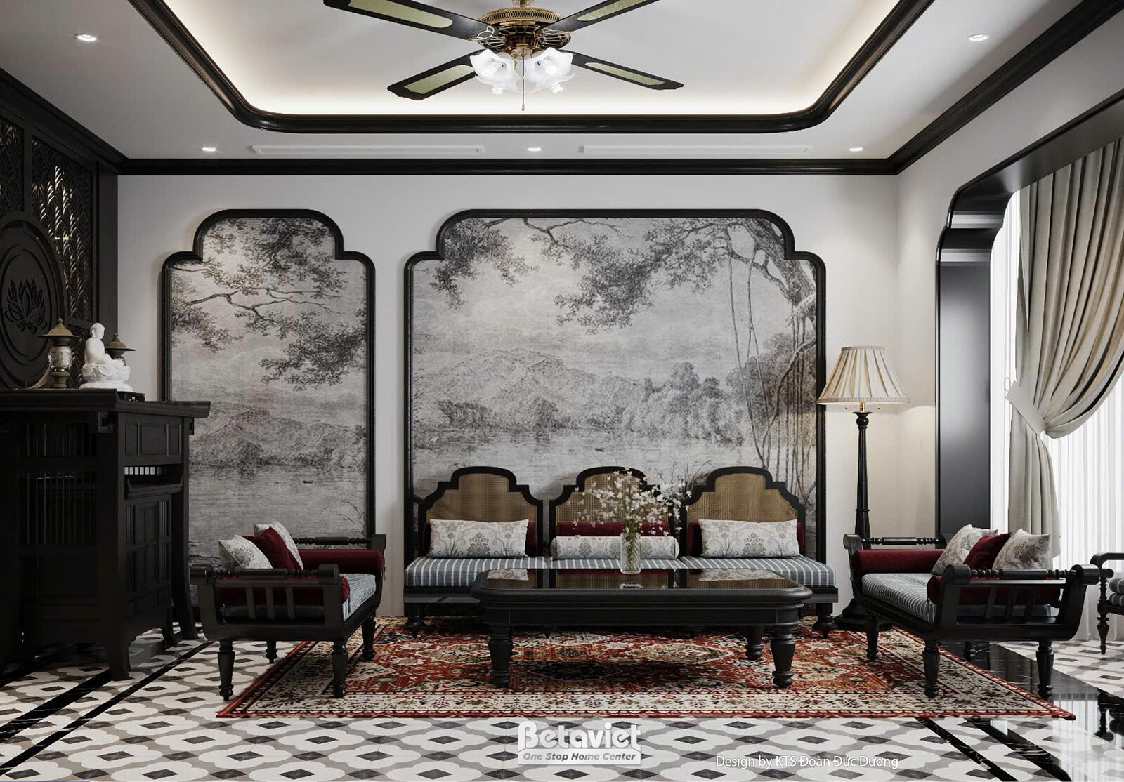 Nội thất phòng khách biệt thự Indochine NT24589 – góc nhìn 3