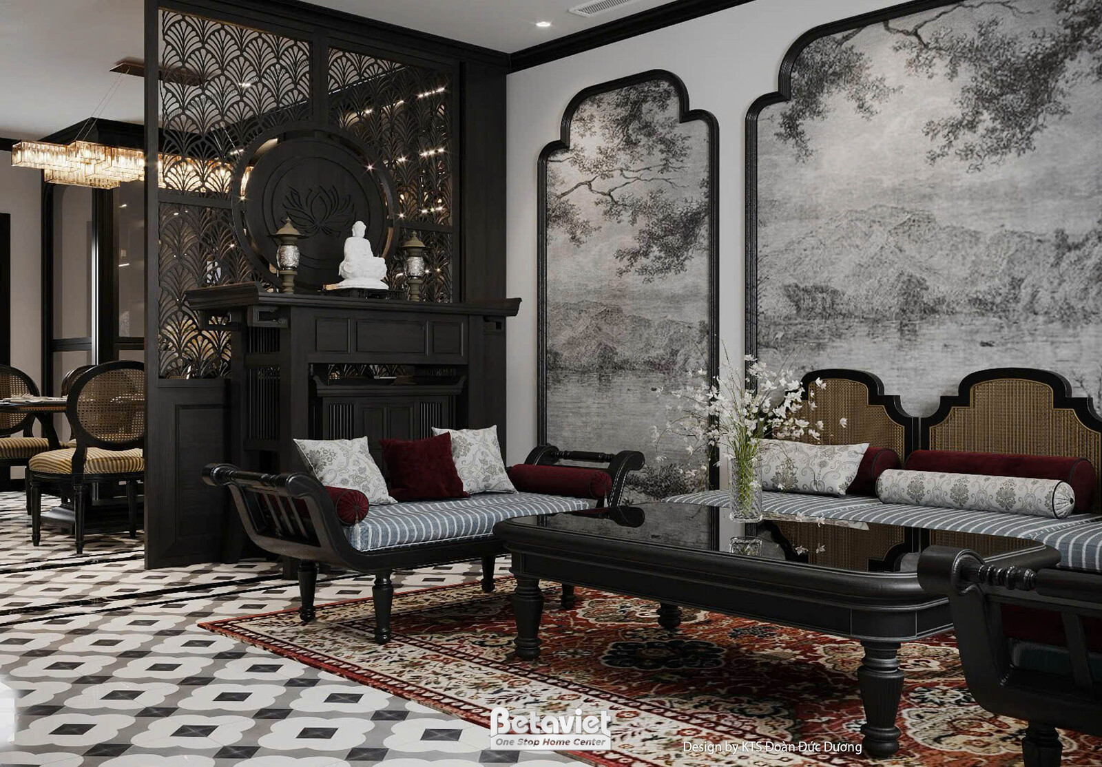 Nội thất phòng khách biệt thự Indochine NT24589 – góc nhìn 4
