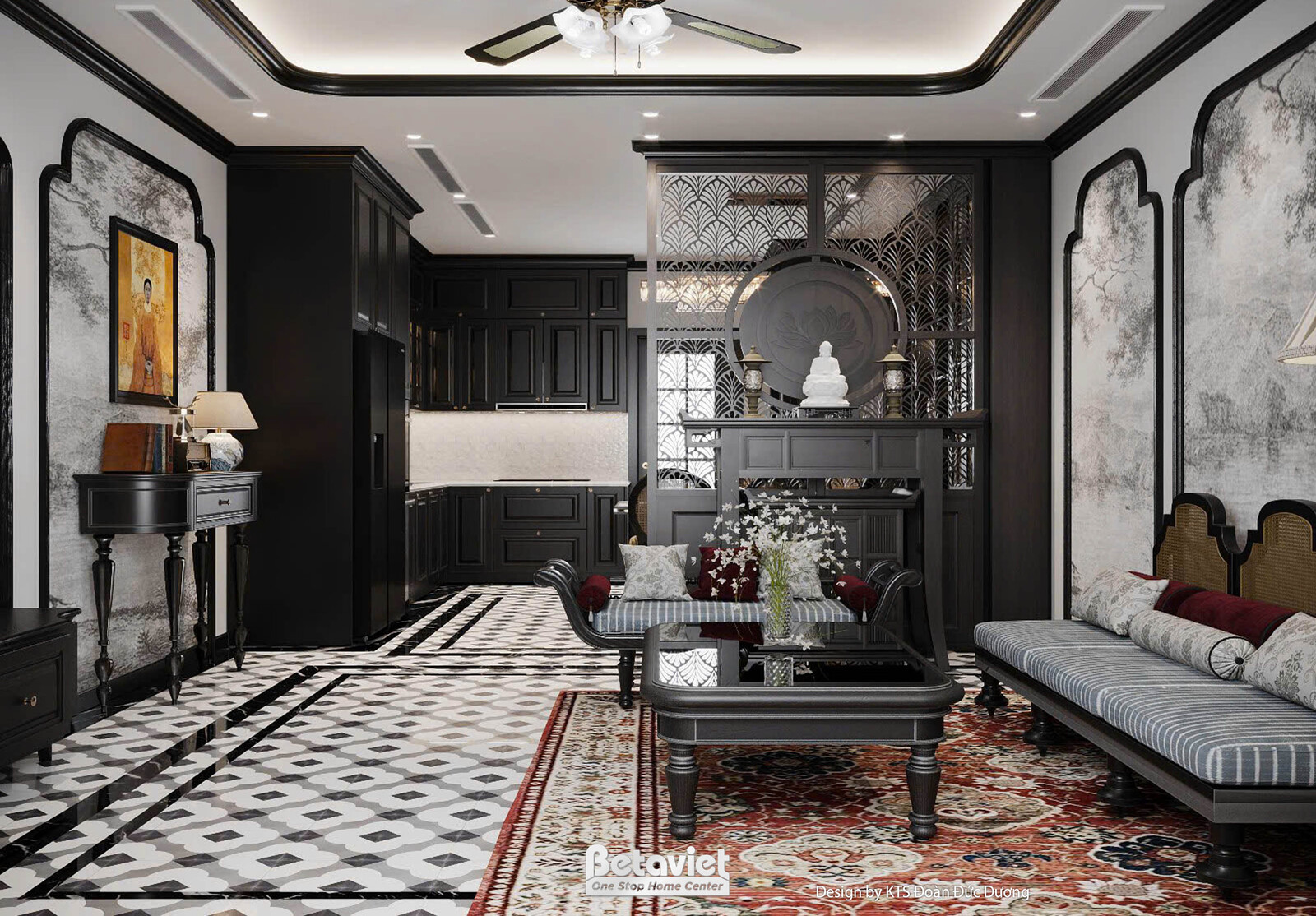 Nội thất phòng khách biệt thự Indochine NT24589 – góc nhìn 6