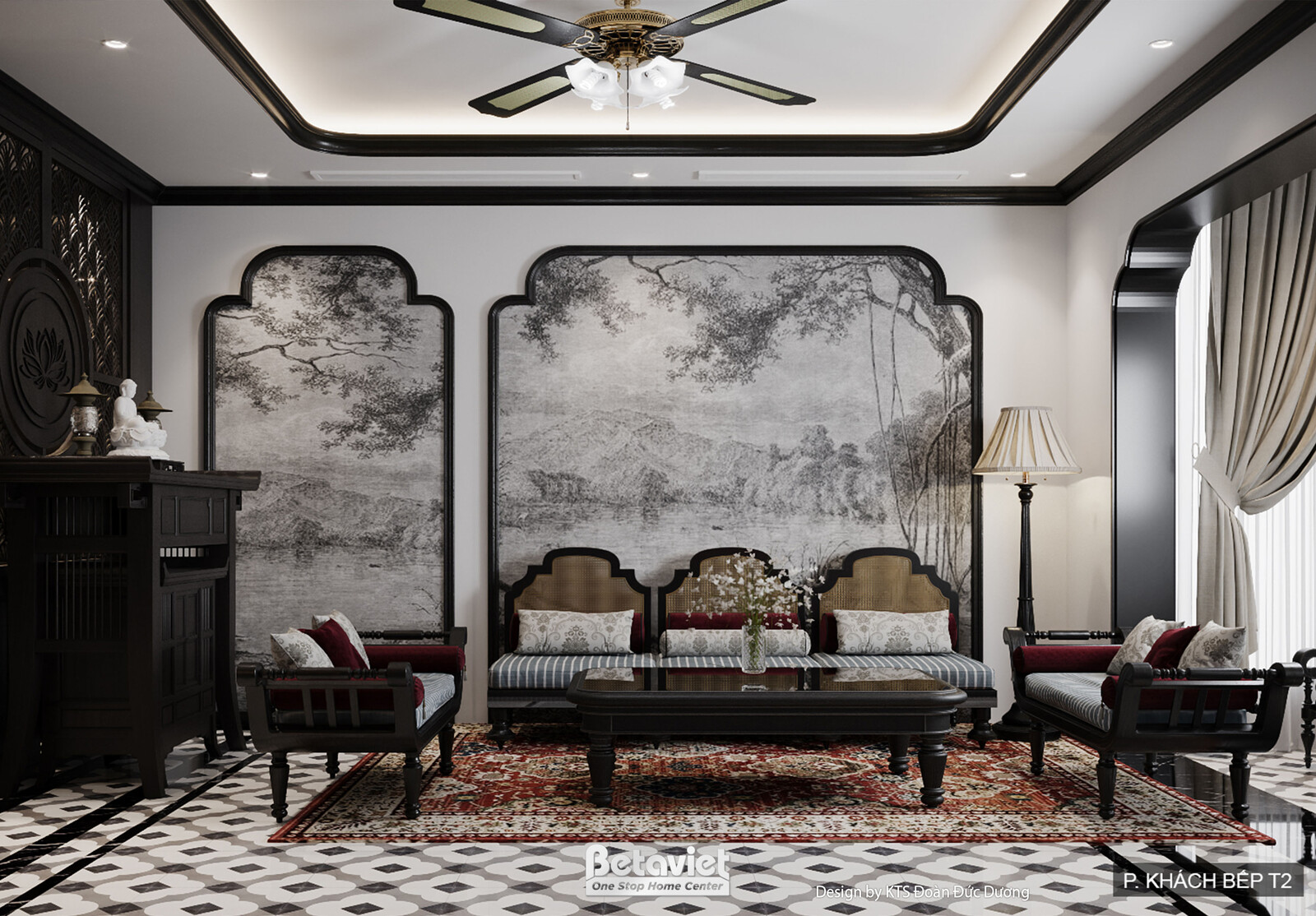Nội thất phòng khách biệt thự Indochine NT24589 – góc nhìn 2