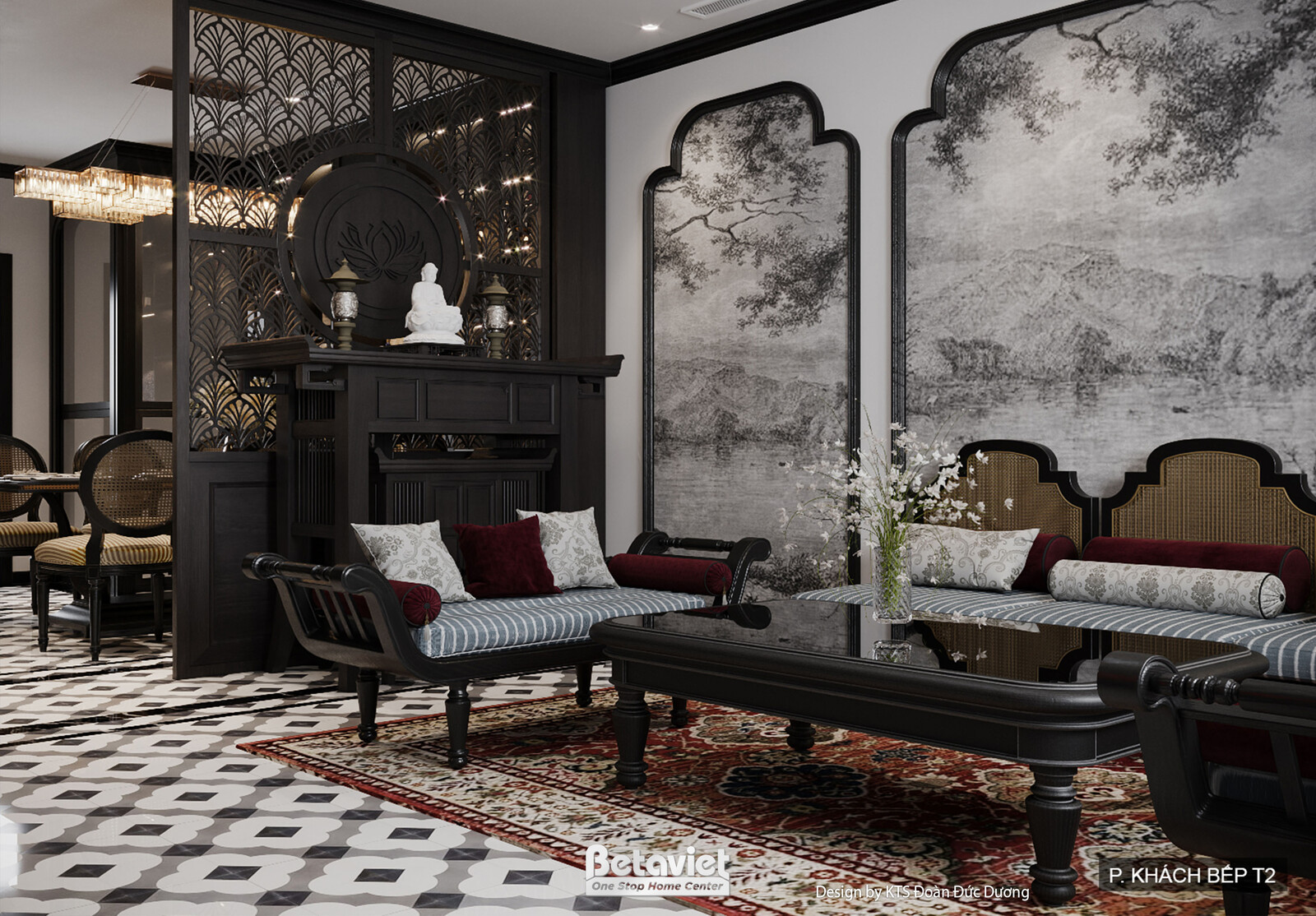 Nội thất phòng khách biệt thự Indochine NT24589 – góc nhìn 5