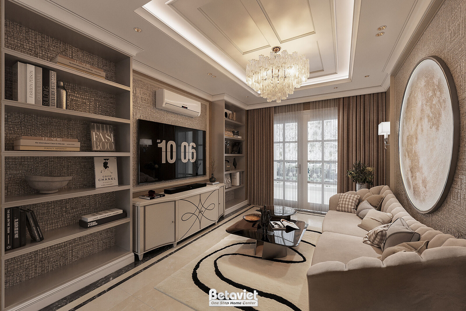 Nội thất phòng sinh hoạt chung biệt thự tân cổ điển NT24705 – góc nhìn tổng thể