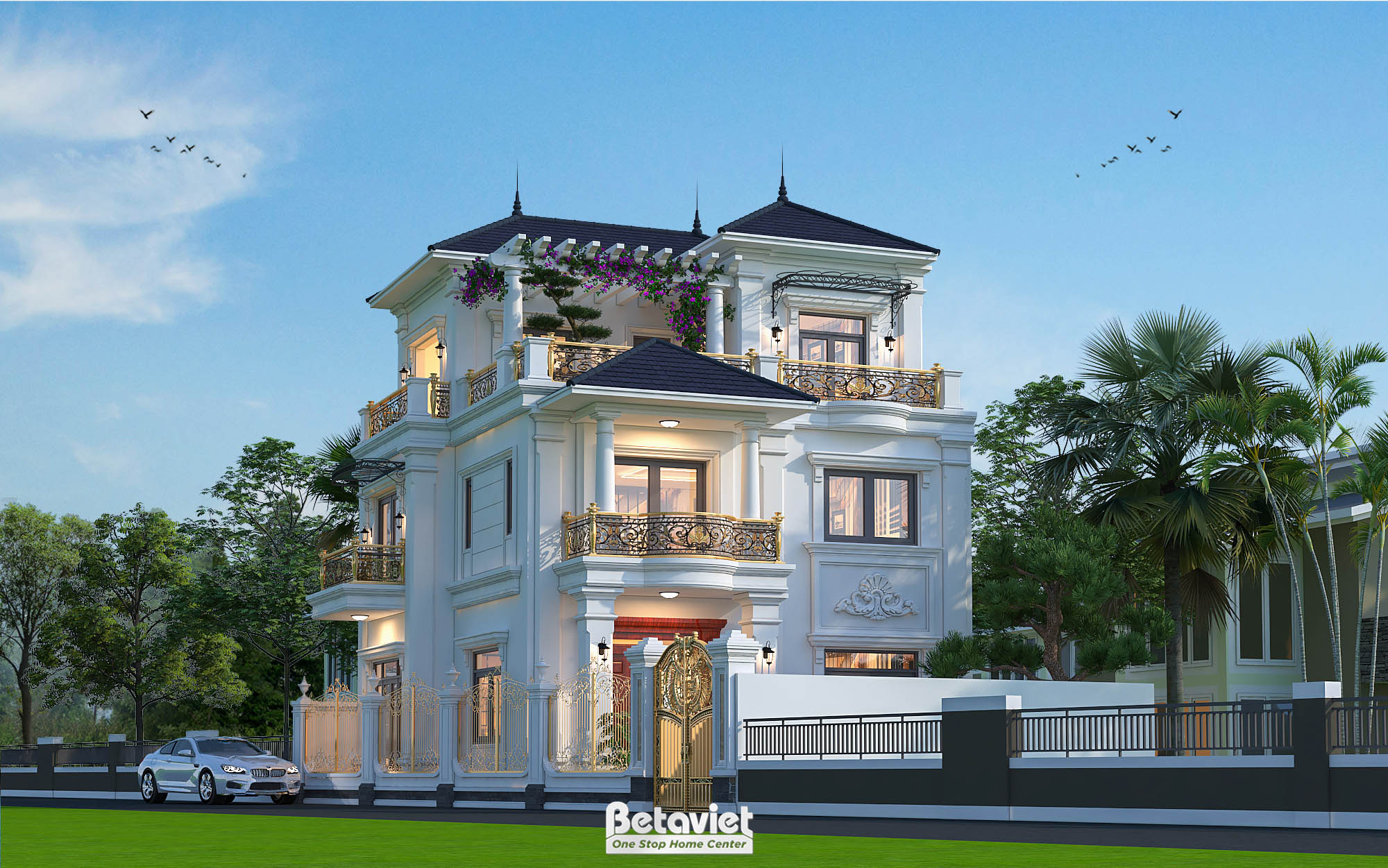 Thiết kế kiến trúc mặt tiền biệt thự 3 tầng tân cổ điển tại Hà Nội KT8002138