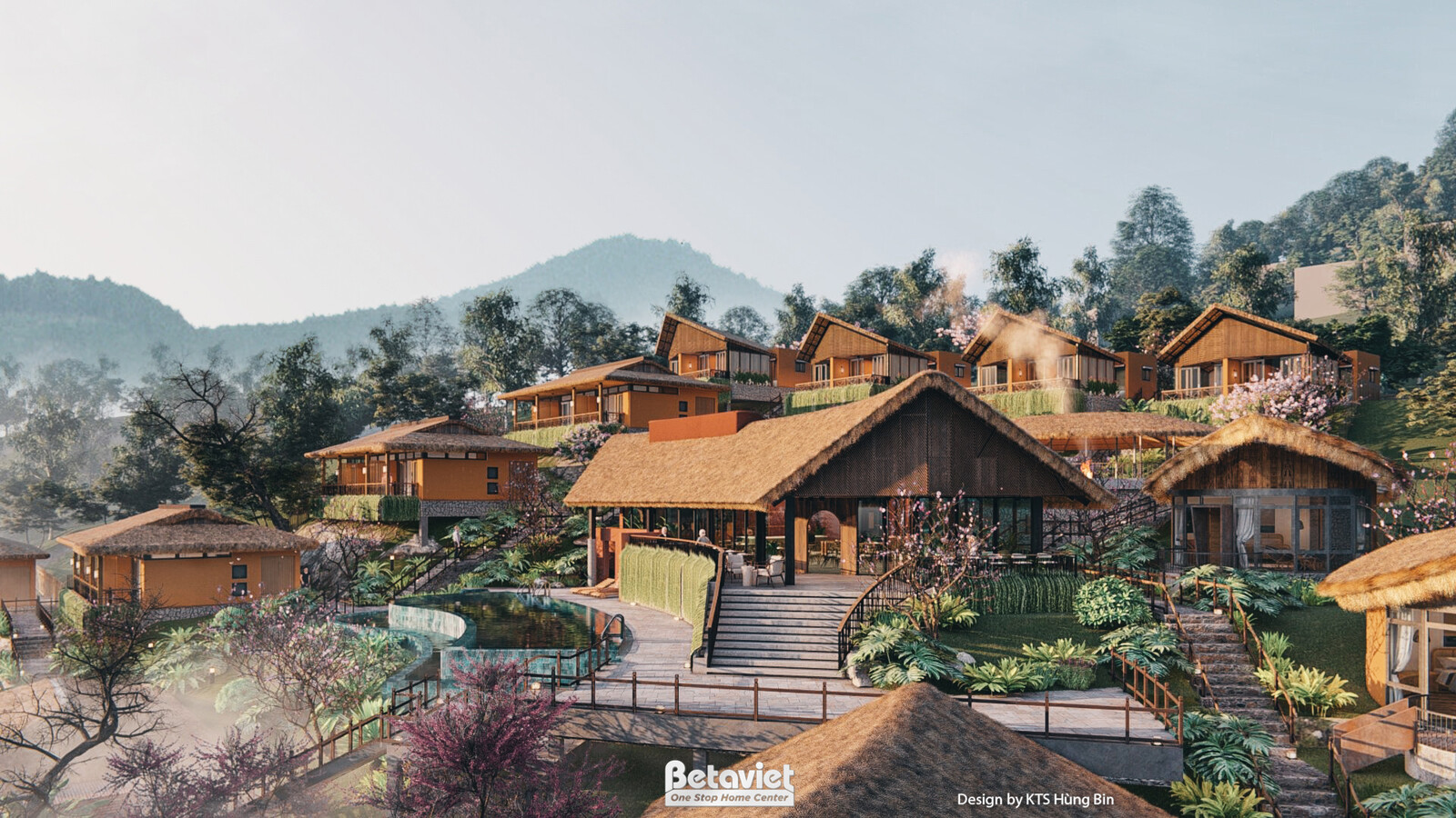 Góc toàn cảnh resort tương tự, lấy nét cụm nhà mái tranh nhiều lớp nối tiếp nhau, thang đá uốn lượn giữa vườn cây xanh, hồ…