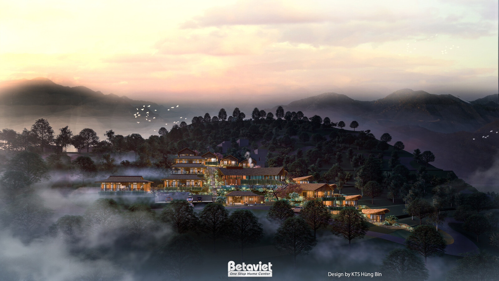 Toàn cảnh panorama resort ẩn mình giữa rừng núi bạt ngàn lúc hoàng hôn, cụm công trình nhỏ bé giữa thảm xanh mênh mông, bầ…