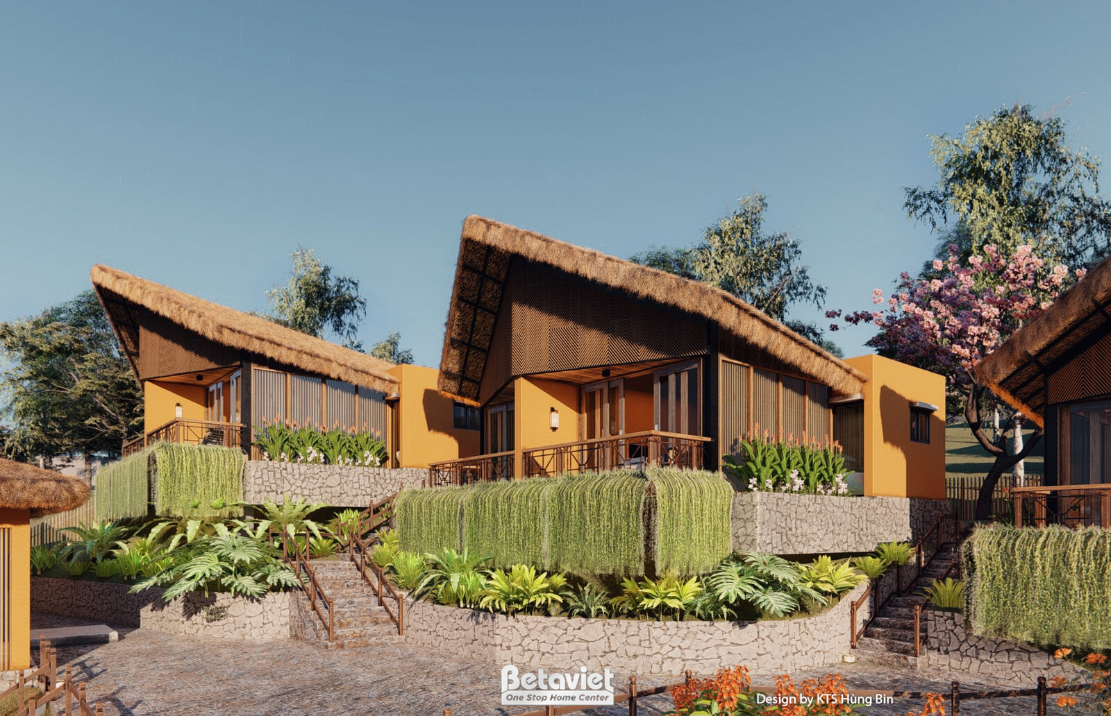 Cận cảnh một bungalow với mái tranh cong đổ dốc mạnh, tường kính lớn kết hợp gỗ, bờ kè đá xếp tầng, dải cỏ lau rủ xuống tư…