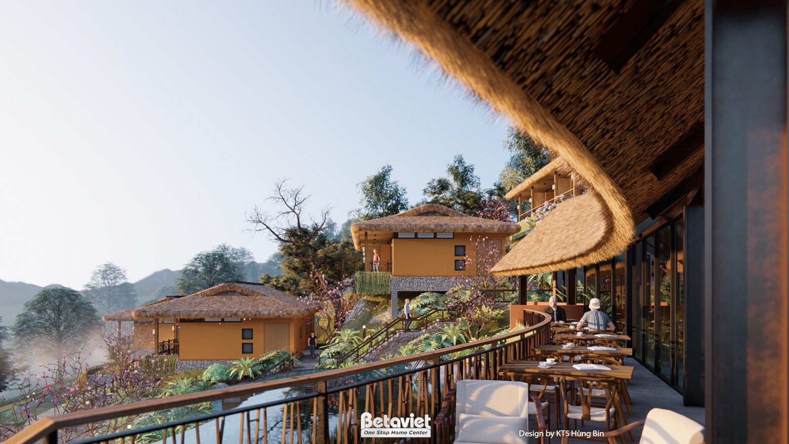 Không gian terraza dưới mái tranh cong lớn nhìn ra sườn đồi, bàn ghế gỗ đặt trên sàn gỗ, lan can gỗ bao quanh, cụm bungalo…