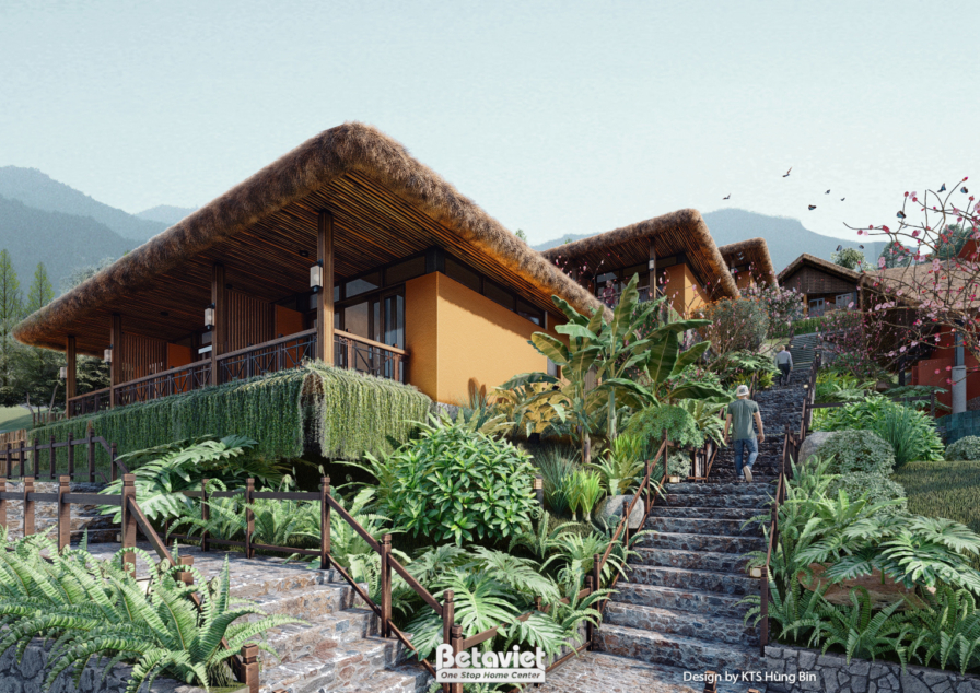 Bungalow gỗ nâng cao trên nền dốc, mái tranh gãy góc kiểu chữ A, bậc thang đá lát dẫn xuống vườn dương xỉ xanh mướt, một n…