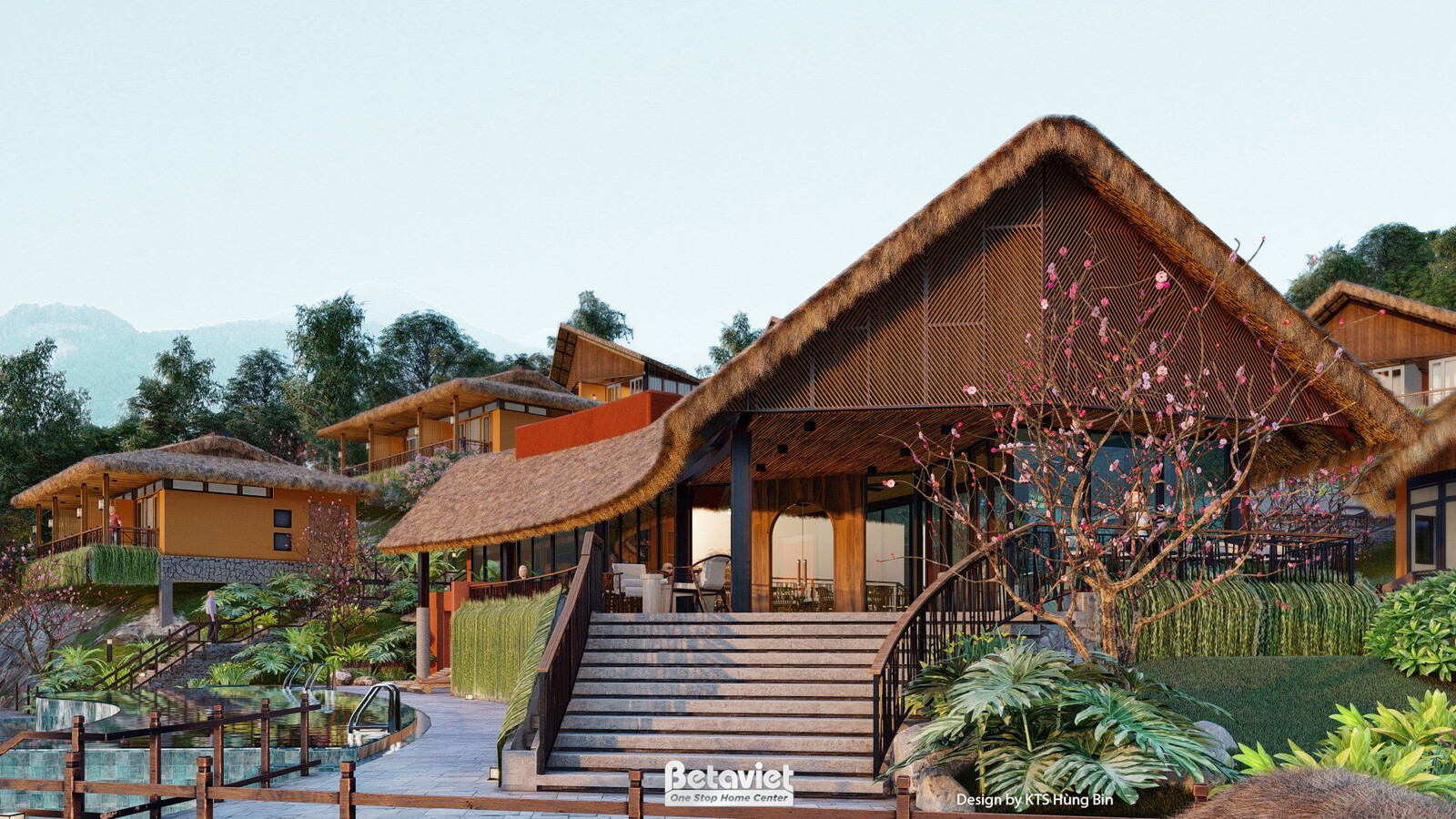 Cụm bungalow nối nhau bằng lối đi và cầu thang gỗ đổ dốc theo sườn đồi, tường vàng đất và mái tranh dày, cây đào hồng nở r…